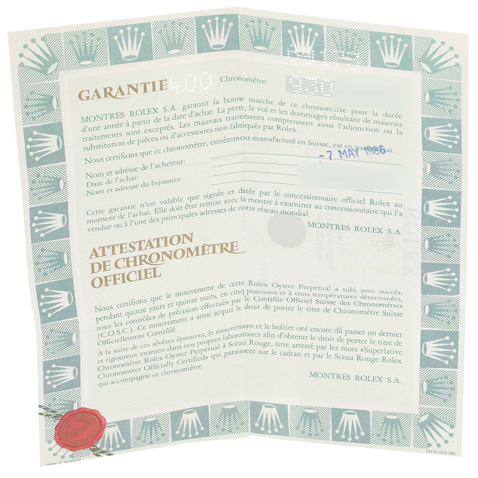 The image shows the official warranty and chronometer certification paper for the Rolex Datejust 69173 Women's Steel and Gold (two tone) Champagne Dial 69173 Women's Steel and Gold (two tone) Champagne Dial model.