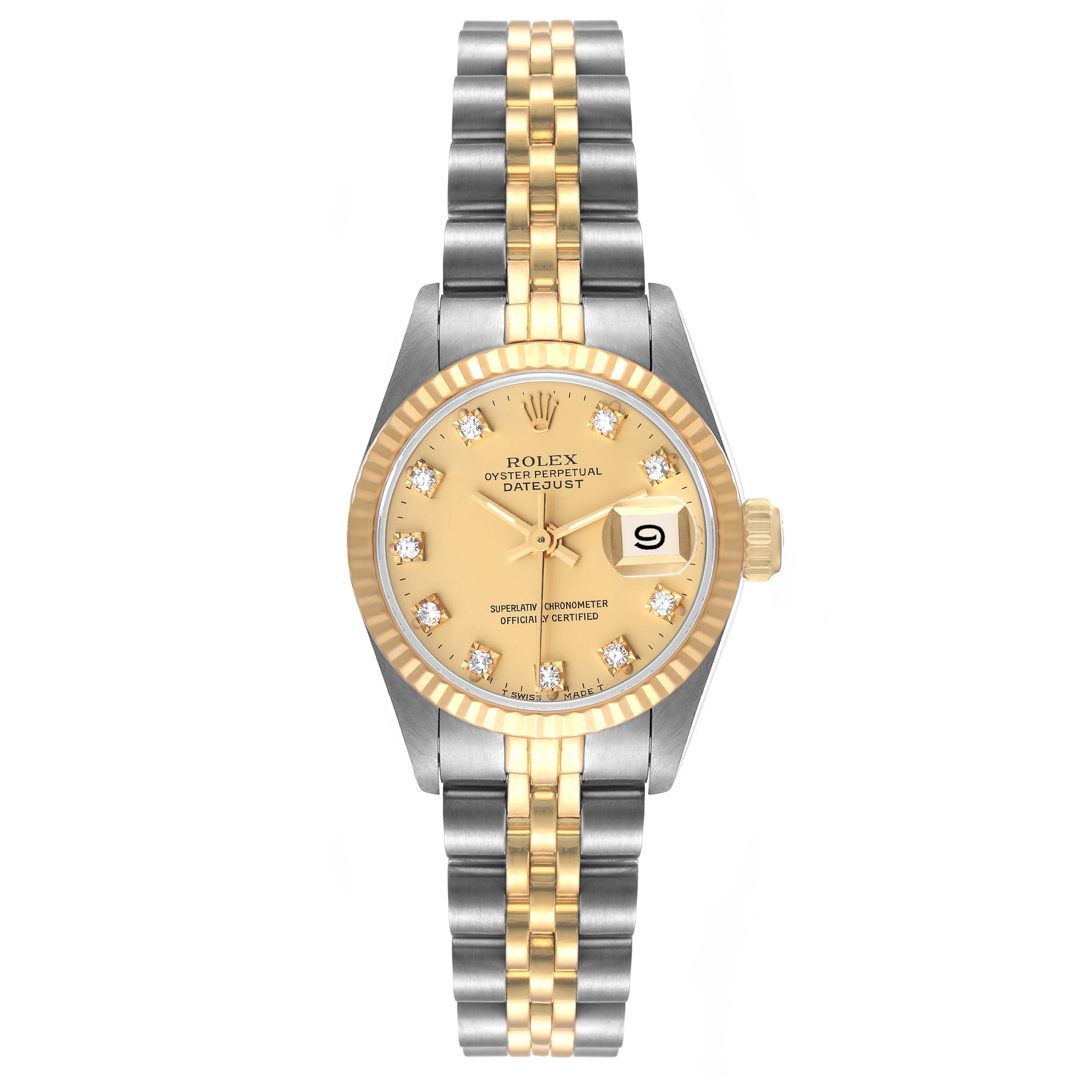 The Rolex Datejust 69173 Women's Steel and Gold (two tone) Champagne Dial 69173 Women's Steel and Gold (two tone) Champagne Dial watch is shown from a direct front angle, featuring its face, bezel, and bracelet.