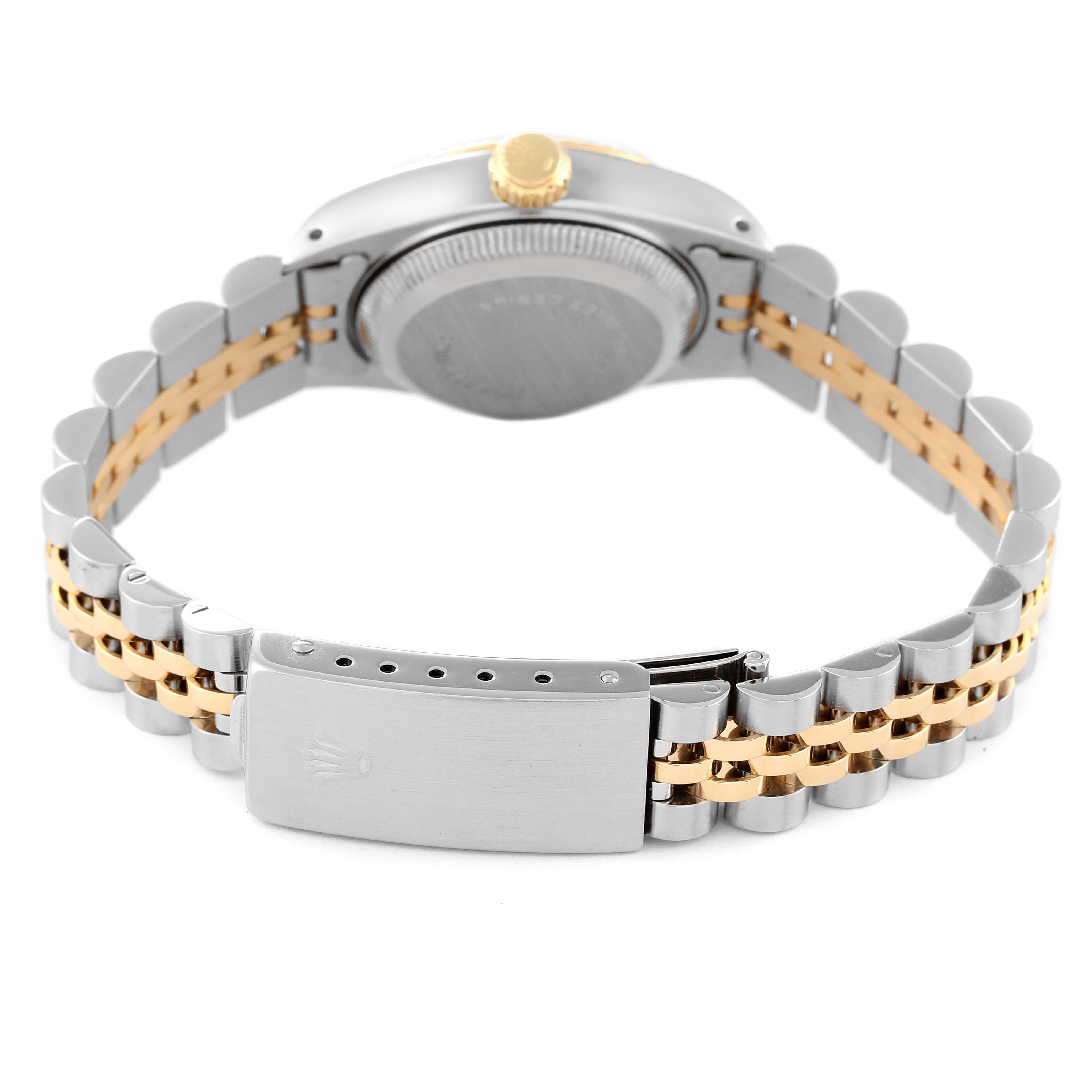 The Rolex Datejust 69173 Women's Steel and Gold (two tone) Champagne Dial 69173 Women's Steel and Gold (two tone) Champagne Dial watch is shown from the back, highlighting the clasp, bracelet, and crown.