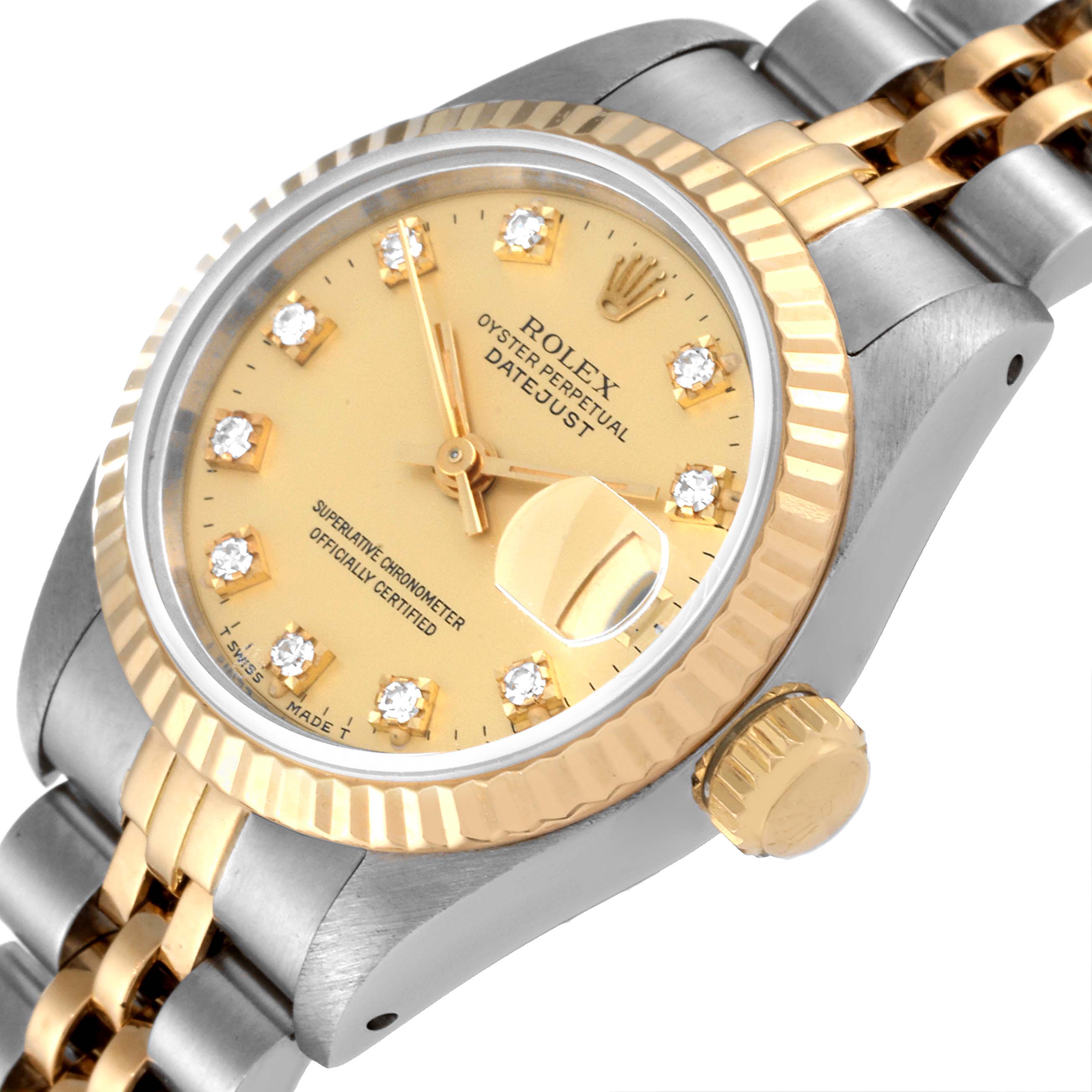 This image shows a Rolex Datejust 69173 Women's Steel and Gold (two tone) Champagne Dial 69173 Women's Steel and Gold (two tone) Champagne Dial watch at a slight angle, highlighting the dial, crown, and part of the bracelet.