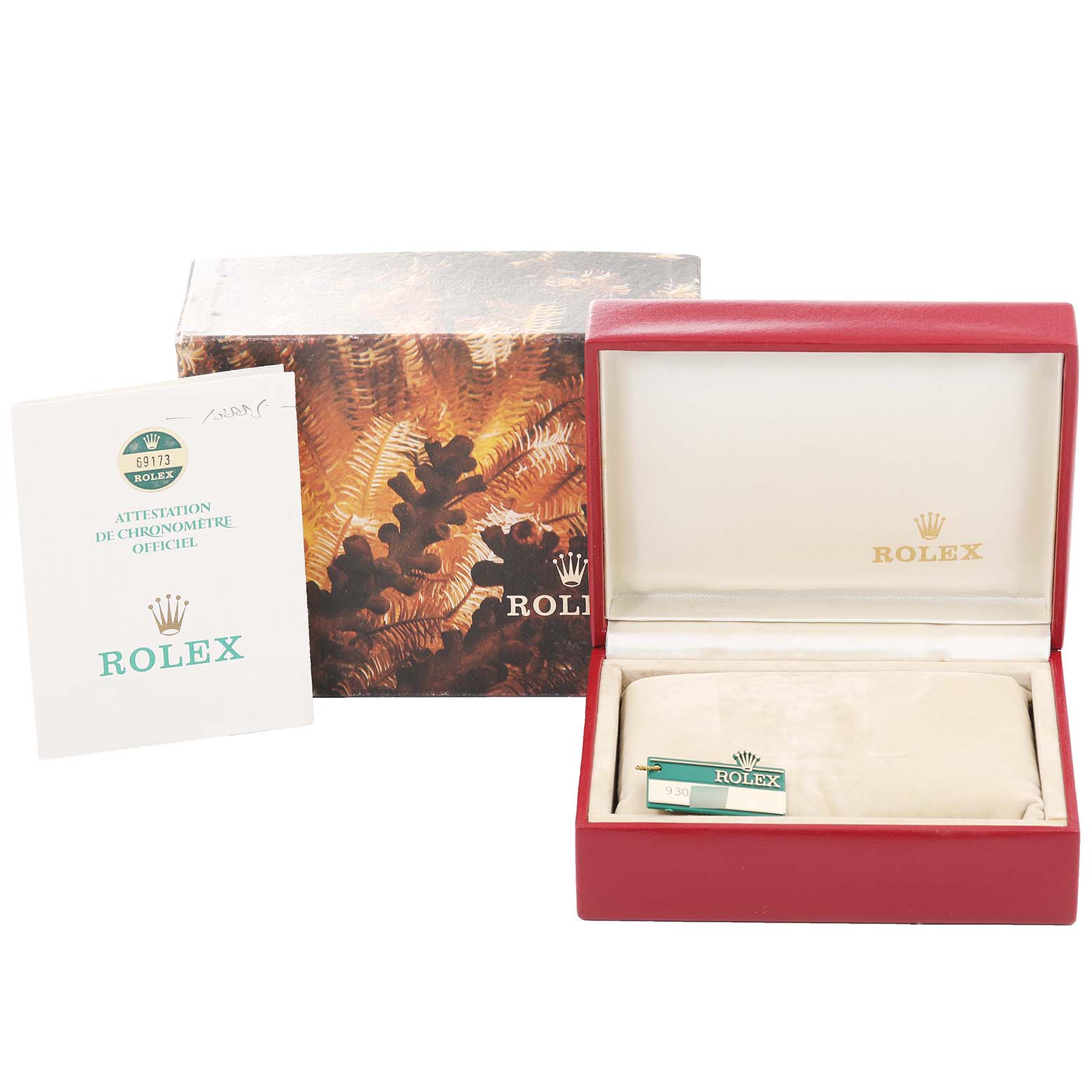 The image shows a Rolex Datejust 69173 Women's Steel and Gold (two tone) Champagne Dial 69173 Women's Steel and Gold (two tone) Champagne Dial watch box, outer packaging, and certificate of authenticity.