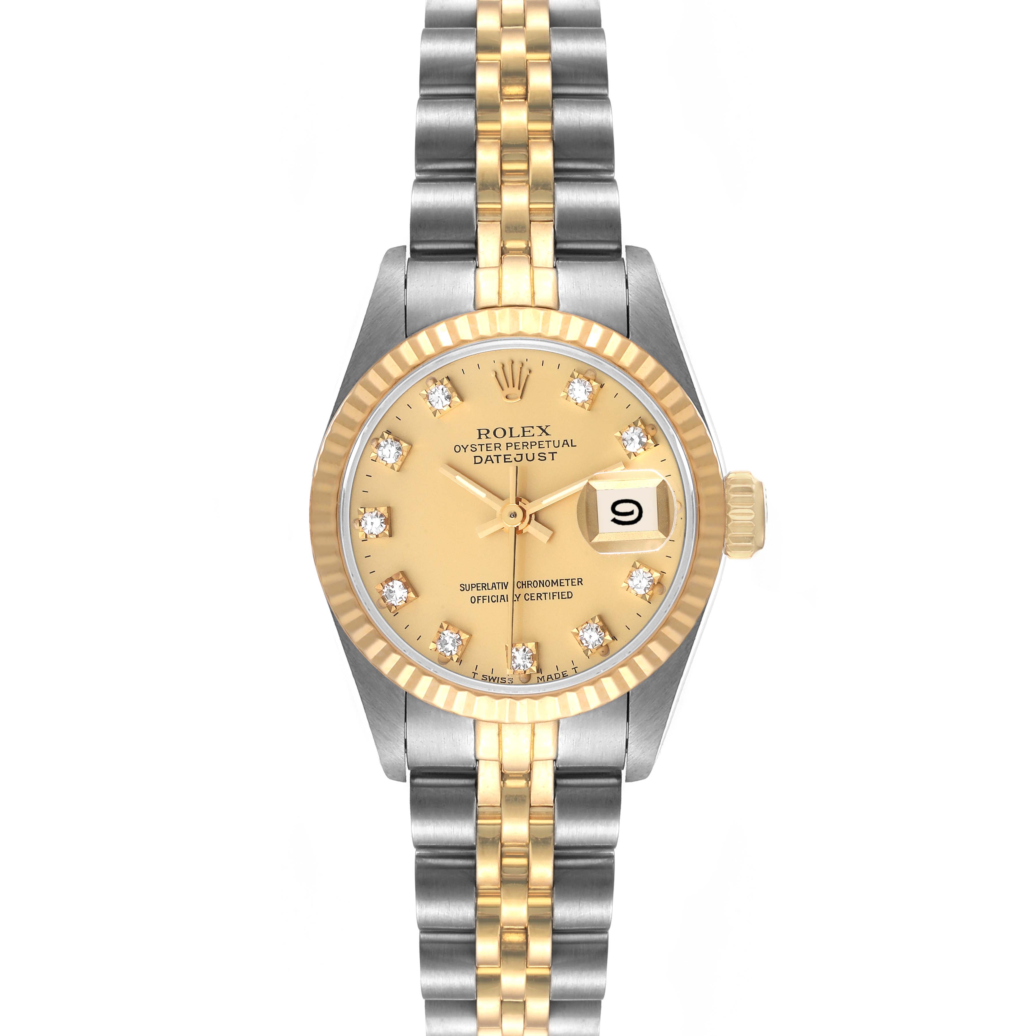 This Rolex Datejust 69173 Women's Steel and Gold (two tone) Champagne Dial 69173 Women's Steel and Gold (two tone) Champagne Dial watch is shown from a front angle, highlighting the face, dial, bezel, and bracelet.