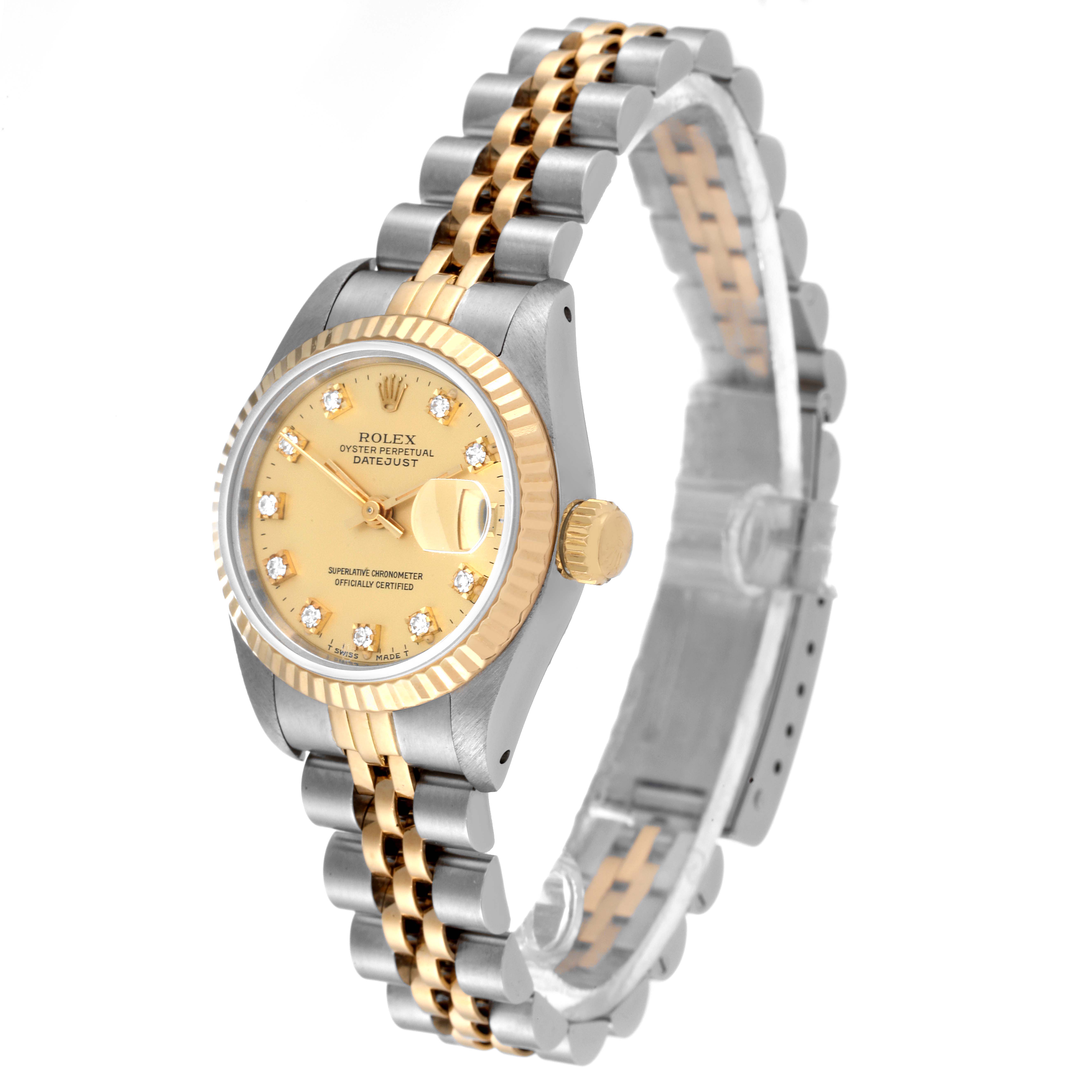 The Rolex Datejust 69173 Women's Steel and Gold (two tone) Champagne Dial 69173 Women's Steel and Gold (two tone) Champagne Dial watch is shown at an angle displaying its face, bezel, crown, and two-tone bracelet.