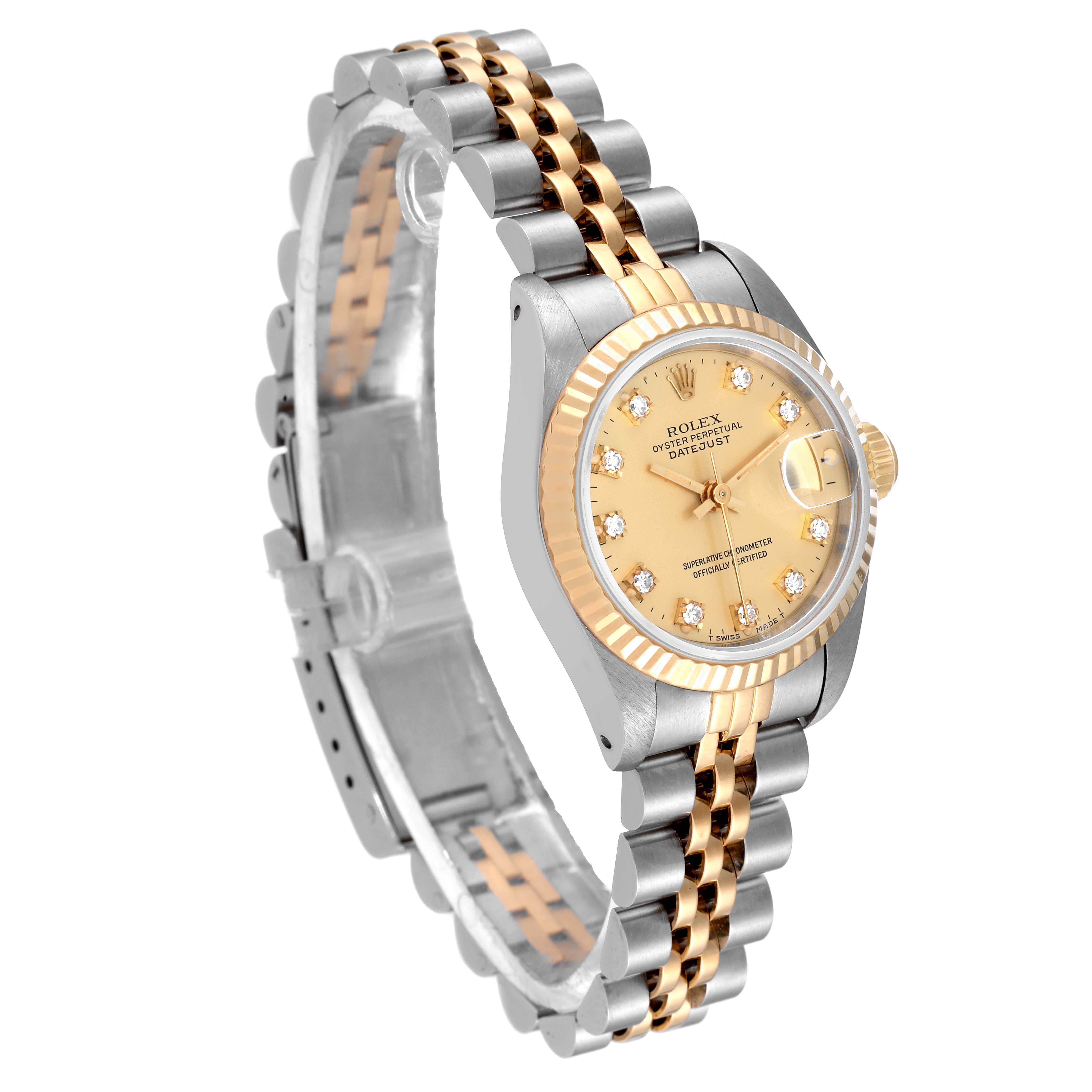 The image shows a Rolex Datejust 69173 Women's Steel and Gold (two tone) Champagne Dial 69173 Women's Steel and Gold (two tone) Champagne Dial watch at a three-quarter angle, highlighting its gold dial, fluted bezel, and two-tone bracelet.
