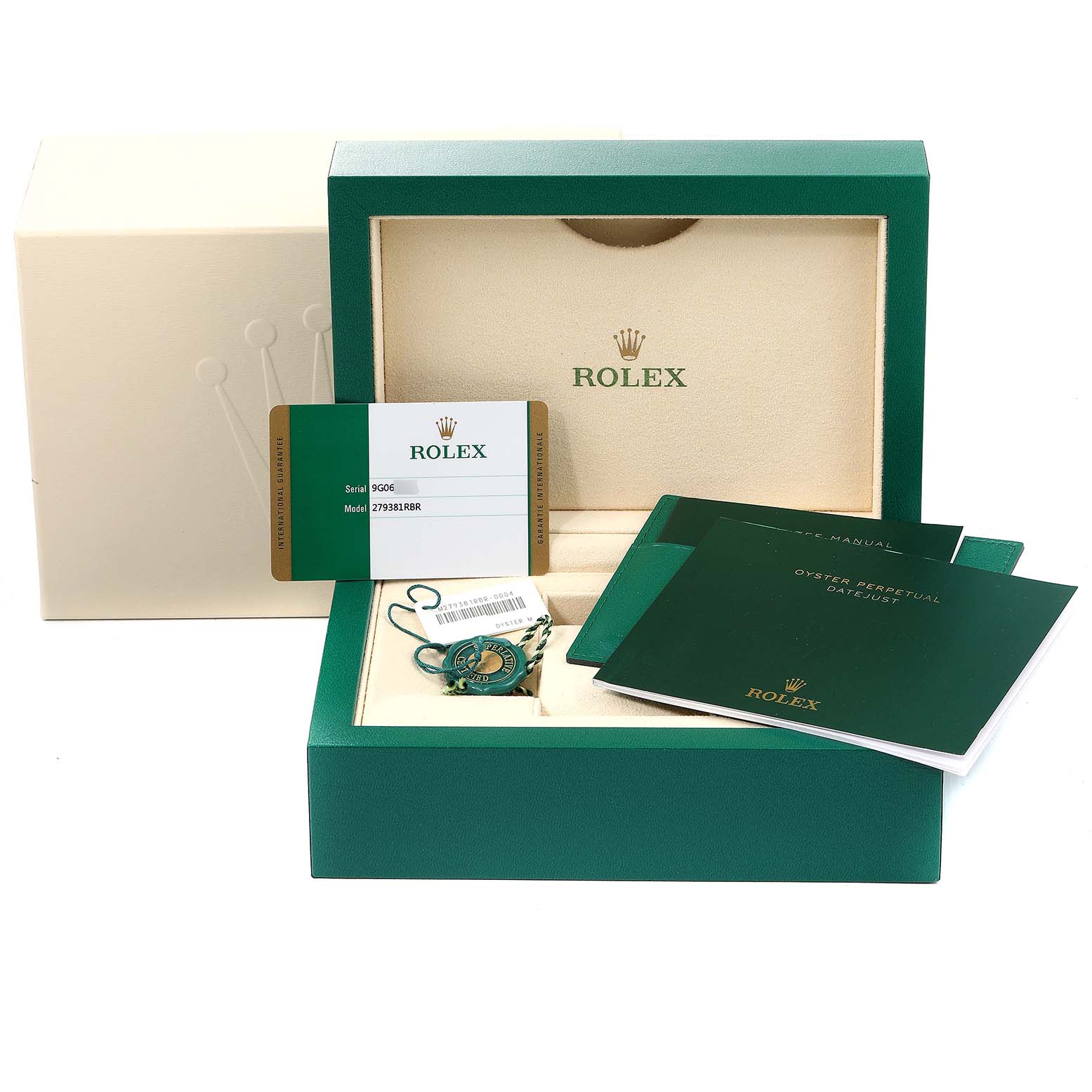 The image shows the packaging, warranty card, manuals, and tags for a Rolex Datejust 279381 Women's Steel and Gold (two tone) Brown Dial 279381 Women's Steel and Gold (two tone) Brown Dial model.