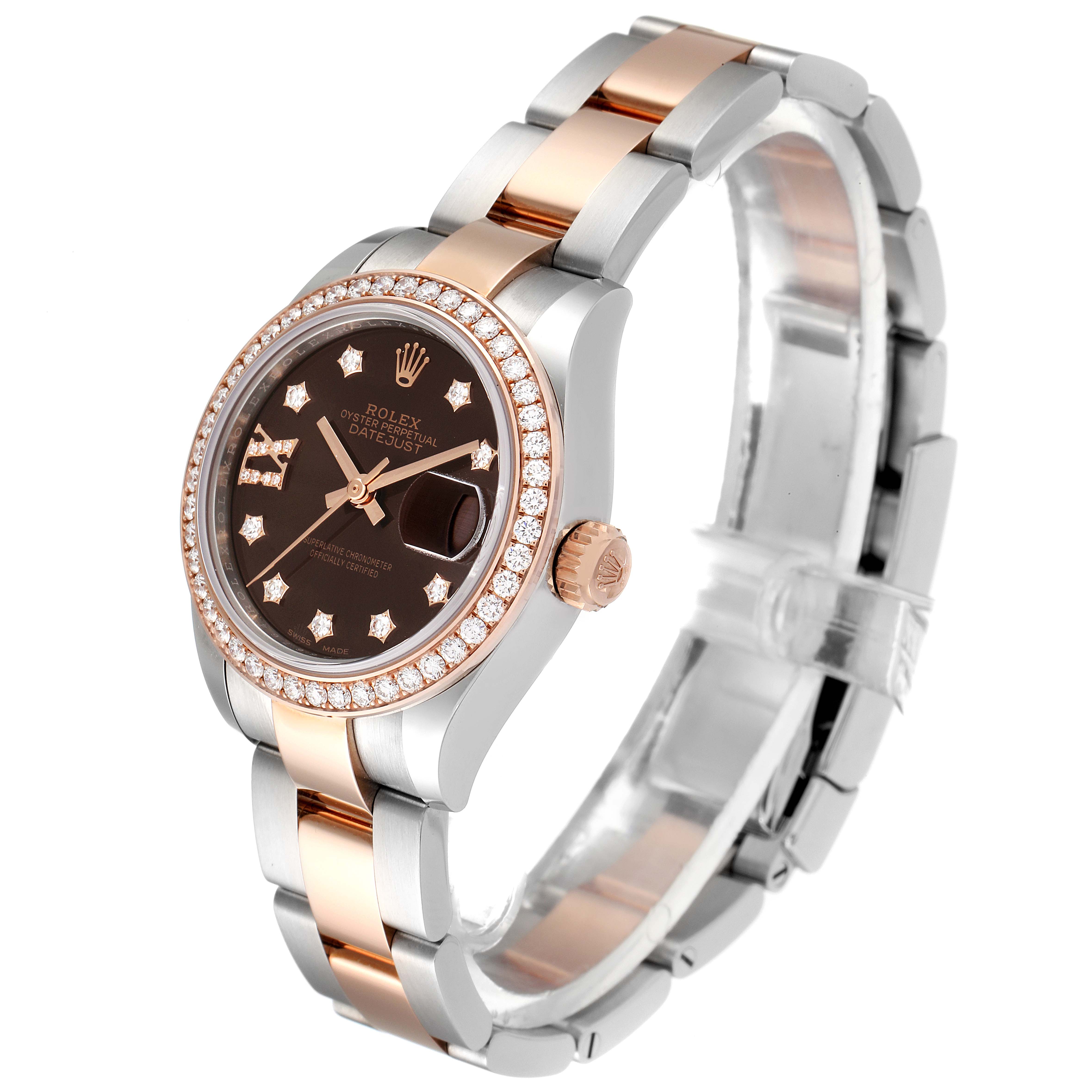 The image shows a Rolex Datejust 279381 Women's Steel and Gold (two tone) Brown Dial 279381 Women's Steel and Gold (two tone) Brown Dial watch from a front-left angled view, highlighting its dial, bezel, case, and bracelet.