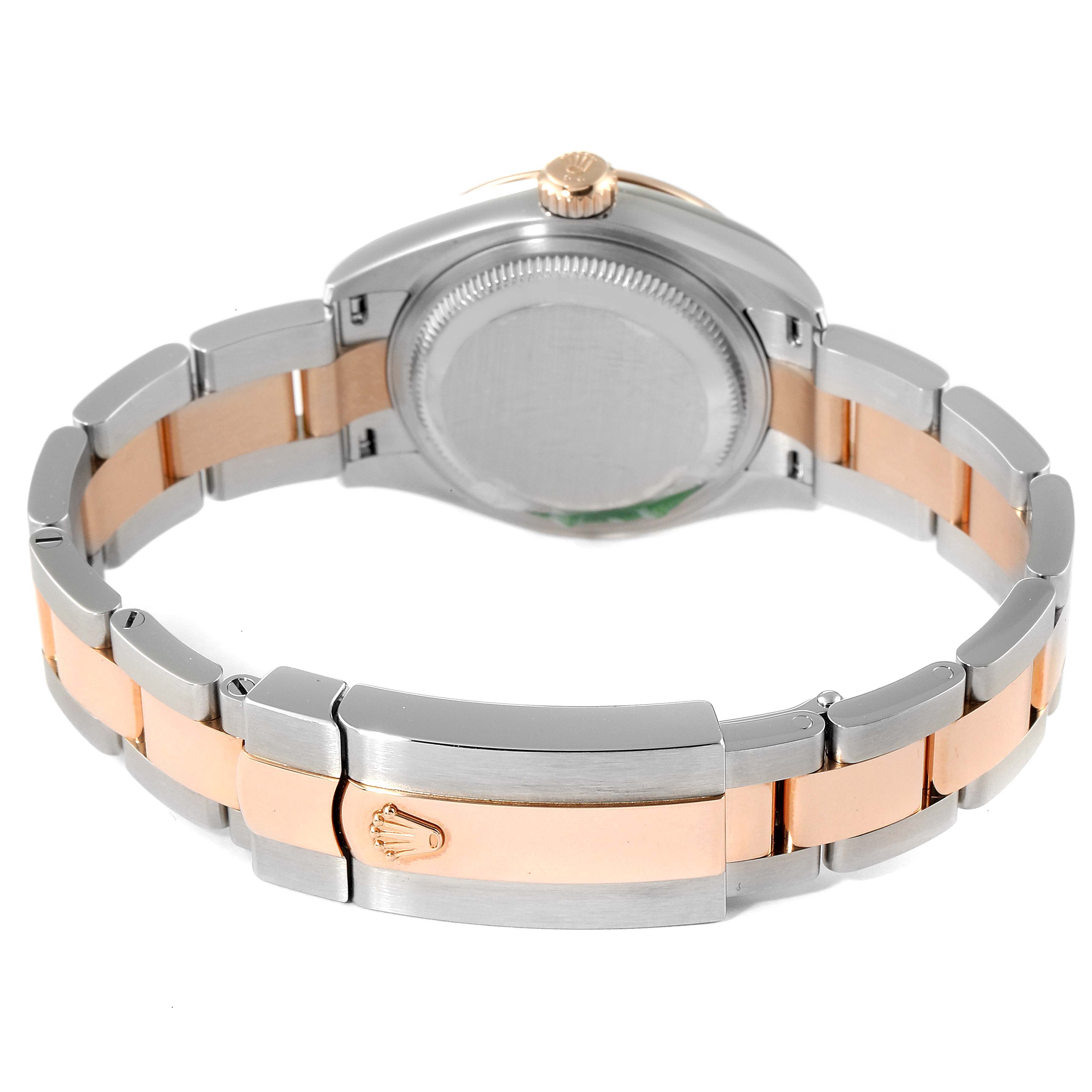 The image shows the back view of a Rolex Datejust 279381 Women's Steel and Gold (two tone) Brown Dial 279381 Women's Steel and Gold (two tone) Brown Dial watch, highlighting the case back, crown, and bracelet clasp.