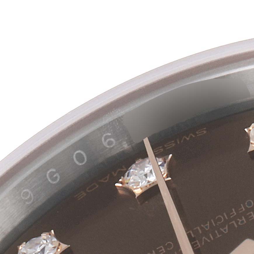 This image shows a close-up of the dial and diamond hour markers on a Rolex Datejust 279381 Women's Steel and Gold (two tone) Brown Dial 279381 Women's Steel and Gold (two tone) Brown Dial watch.