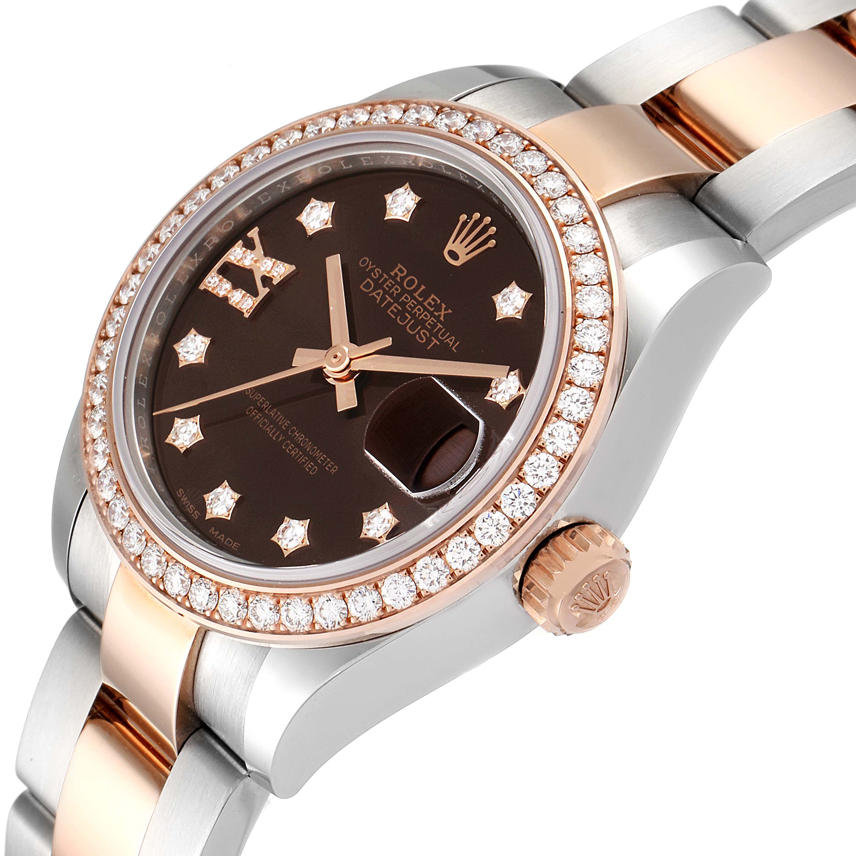 This image of a Rolex Datejust 279381 Women's Steel and Gold (two tone) Brown Dial 279381 Women's Steel and Gold (two tone) Brown Dial watch shows an angled close-up of the dial, bezel, crown, and part of the bracelet.
