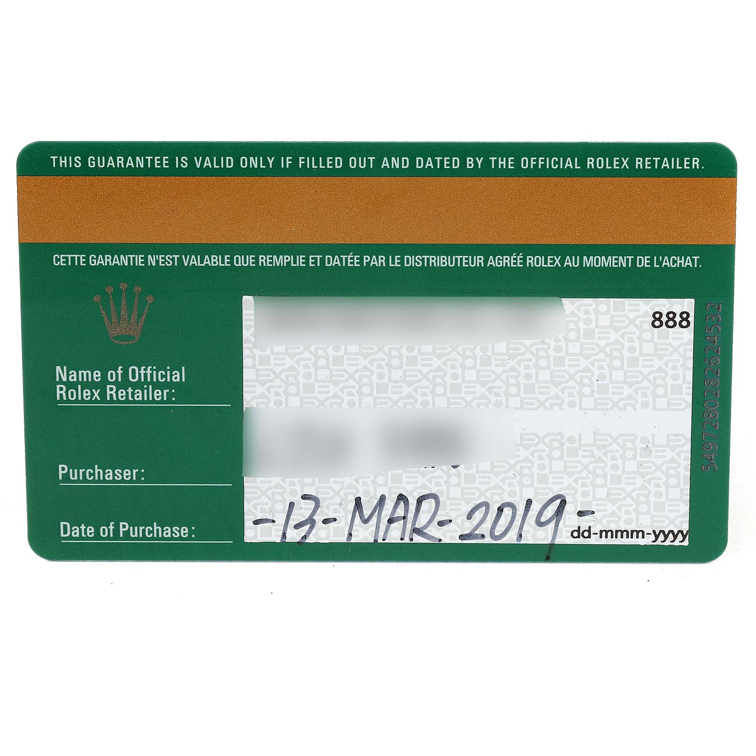 This image shows the official warranty card for the Rolex Datejust 279381 Women's Steel and Gold (two tone) Brown Dial 279381 Women's Steel and Gold (two tone) Brown Dial, providing details like the purchase date and retailer information.