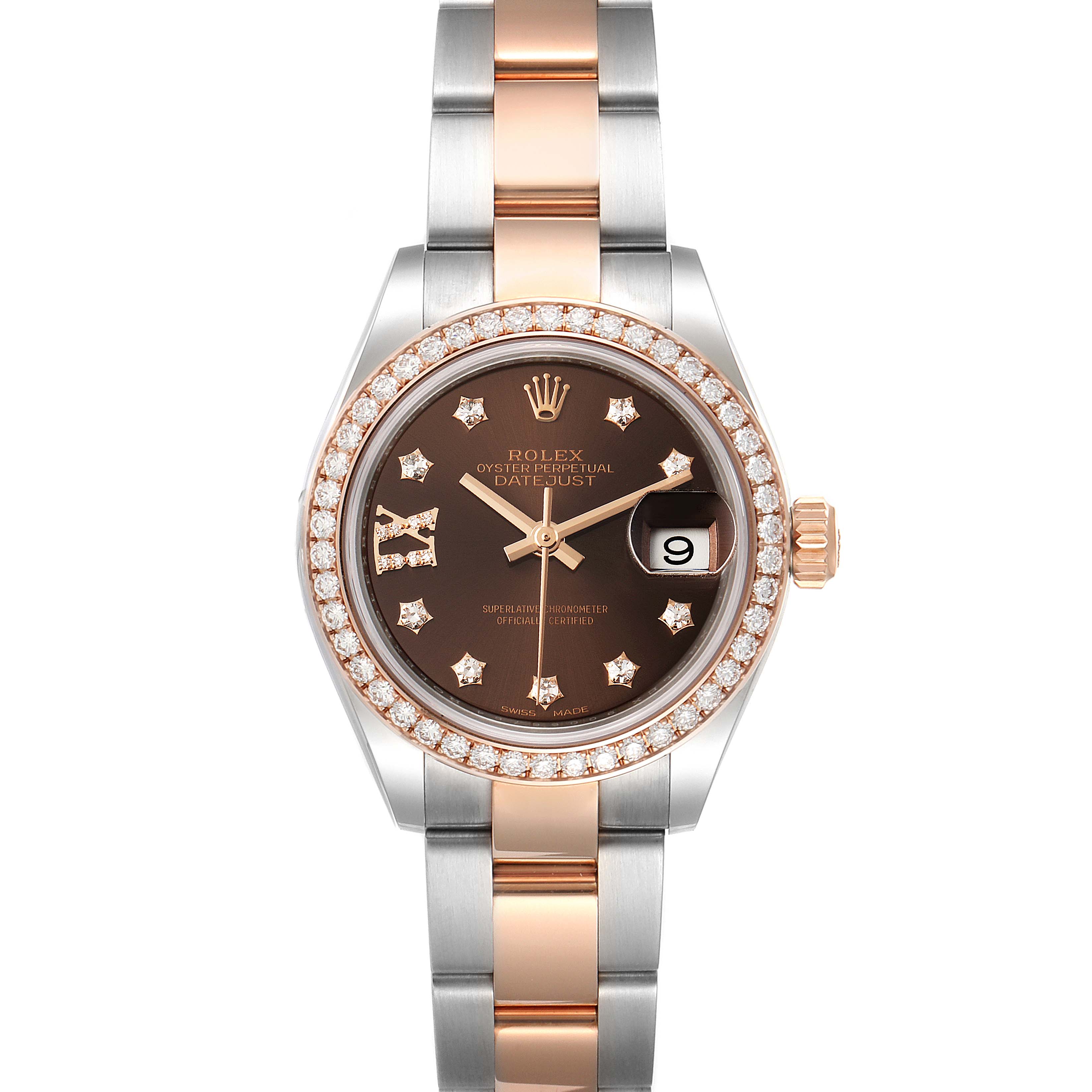 The image shows a front view of a Rolex Datejust 279381 Women's Steel and Gold (two tone) Brown Dial 279381 Women's Steel and Gold (two tone) Brown Dial watch with a two-tone bracelet and a diamond-studded bezel and dial.