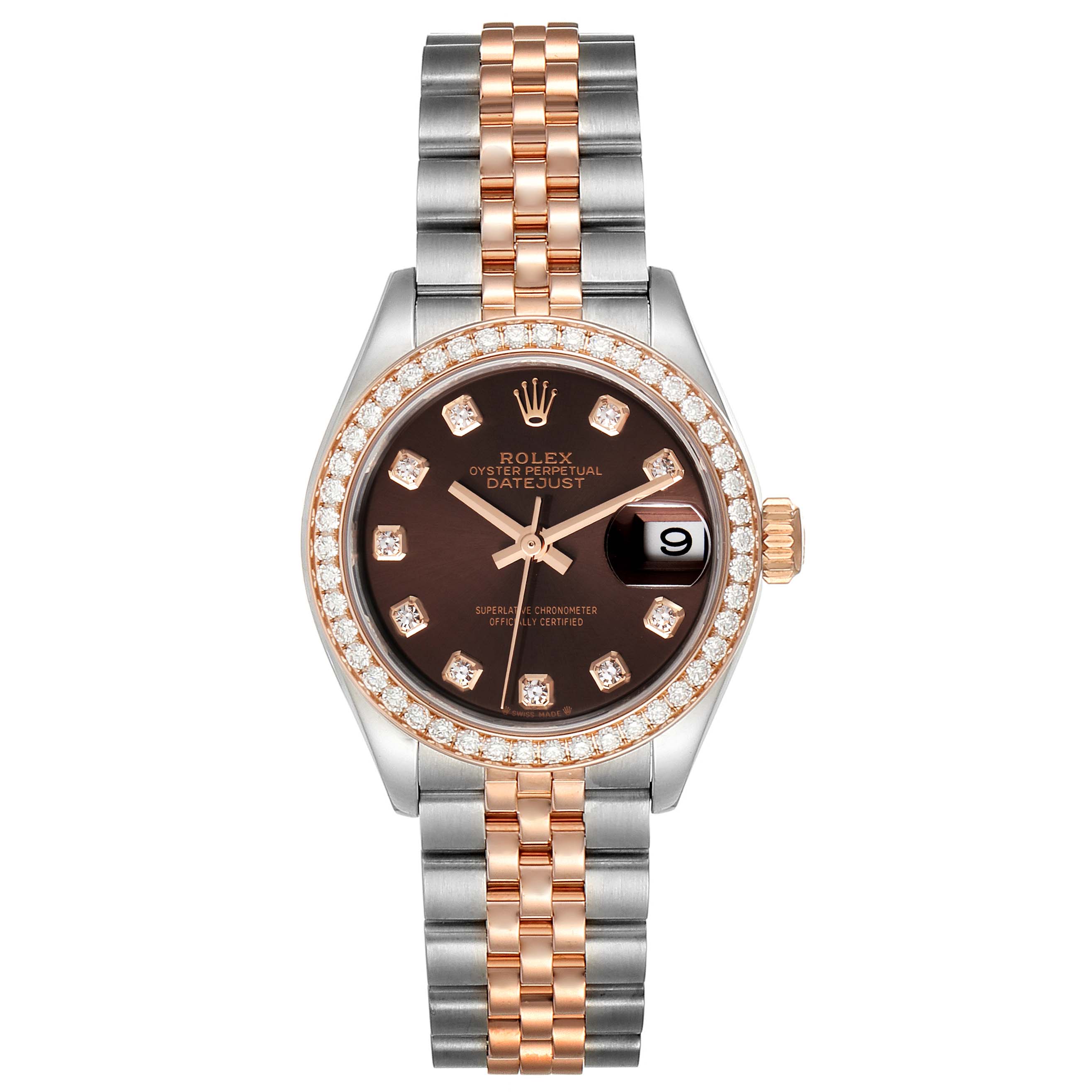 This image shows a front view of the Rolex Datejust 279381 Women's Steel and Gold (two tone) Brown Dial 279381 Women's Steel and Gold (two tone) Brown Dial watch, displaying its dial, bezel, and two-tone bracelet.