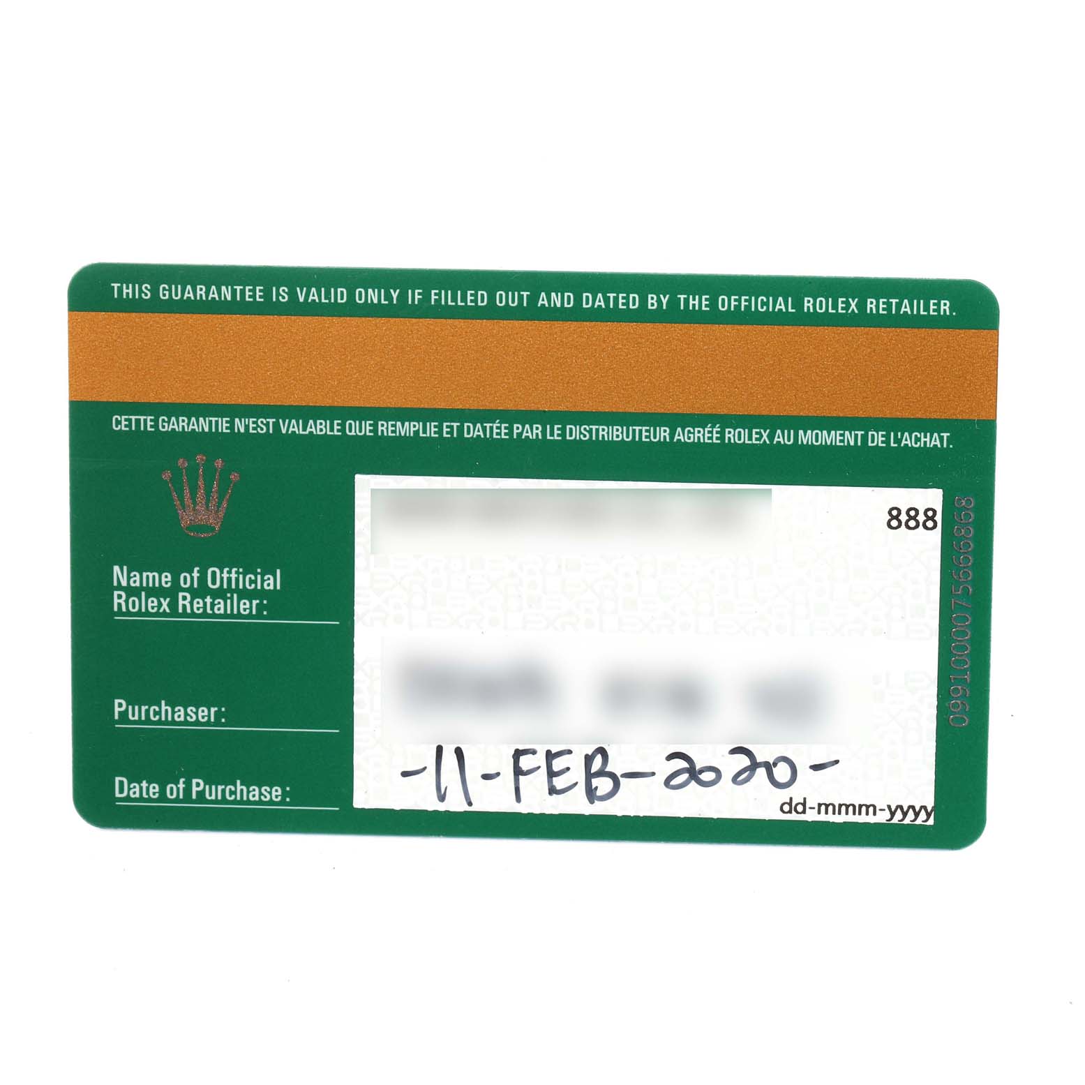 This image shows a warranty card for a Rolex Datejust 279381 Women's Steel and Gold (two tone) Brown Dial 279381 Women's Steel and Gold (two tone) Brown Dial, detailing the retailer, purchaser, and date of purchase.