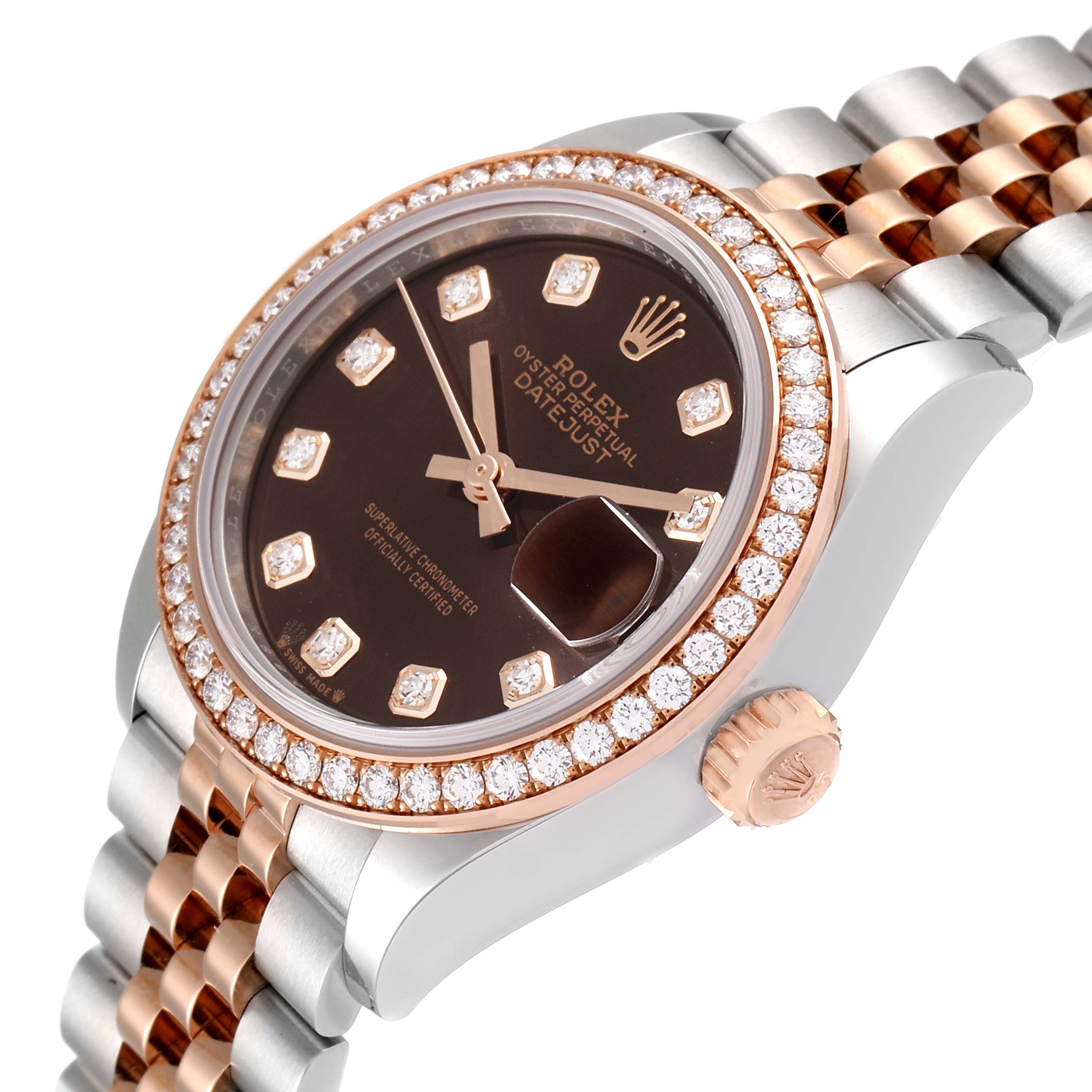 This image shows a close-up, angled view of a Rolex Datejust 279381 Women's Steel and Gold (two tone) Brown Dial 279381 Women's Steel and Gold (two tone) Brown Dial watch, highlighting the bezel, dial, crown, and part of the bracelet.