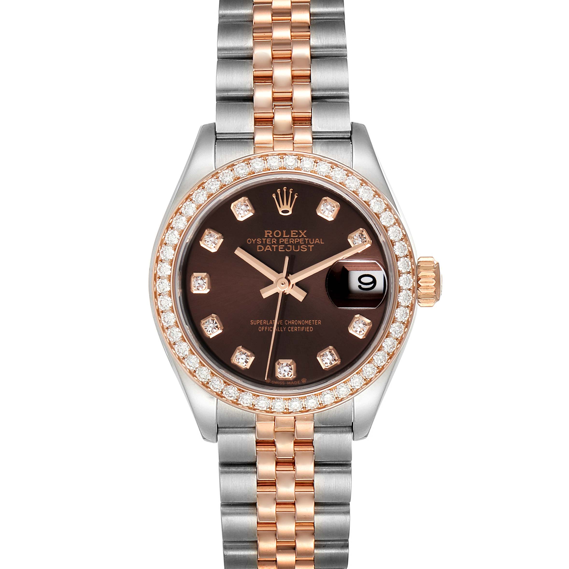 This image shows a front view of a Rolex Datejust 279381 Women's Steel and Gold (two tone) Brown Dial 279381 Women's Steel and Gold (two tone) Brown Dial watch, featuring a gold and silver bracelet, diamond bezel, and a dark dial.
