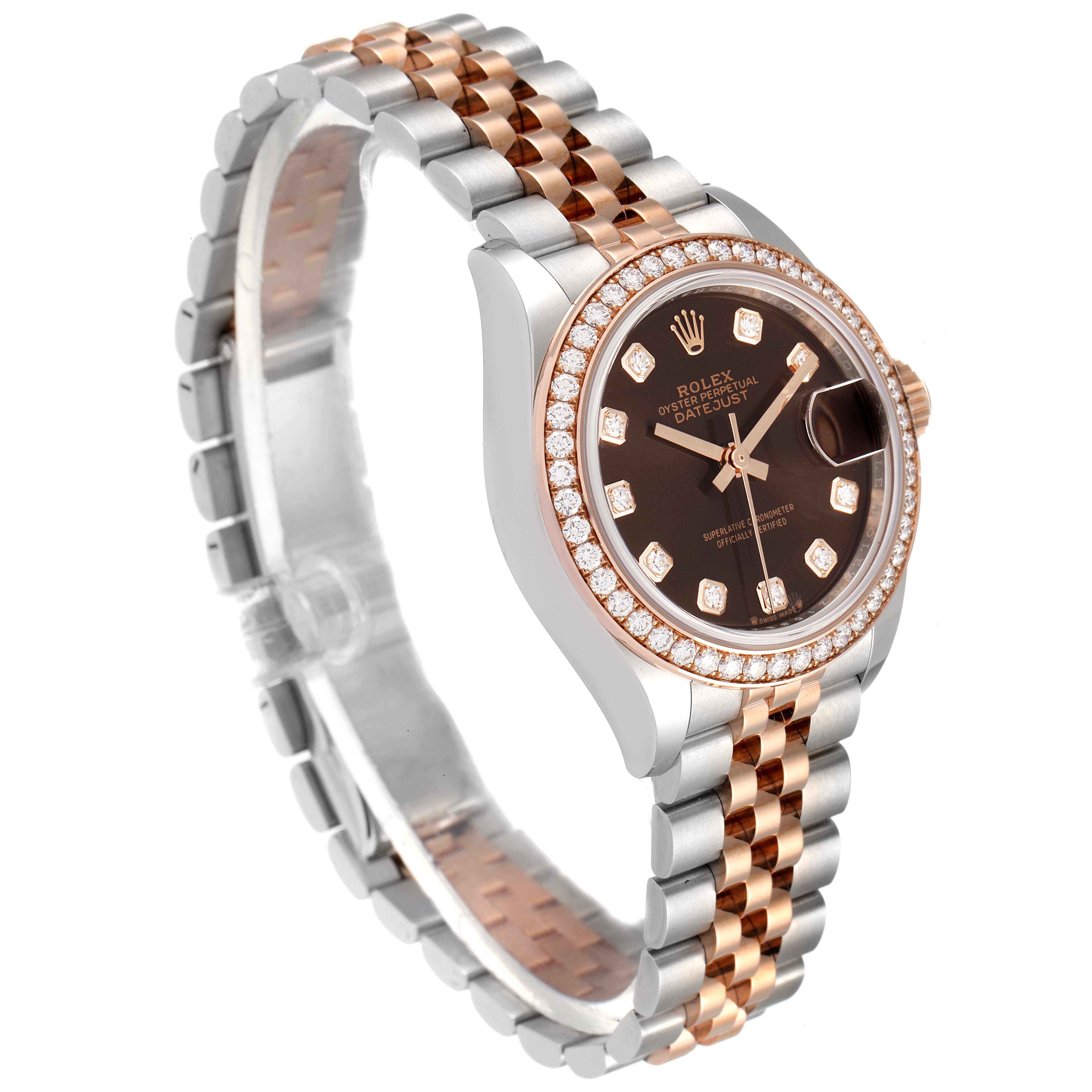 The Rolex Datejust 279381 Women's Steel and Gold (two tone) Brown Dial 279381 Women's Steel and Gold (two tone) Brown Dial watch is shown at a three-quarter angle, displaying the face, bezel, and two-tone bracelet.
