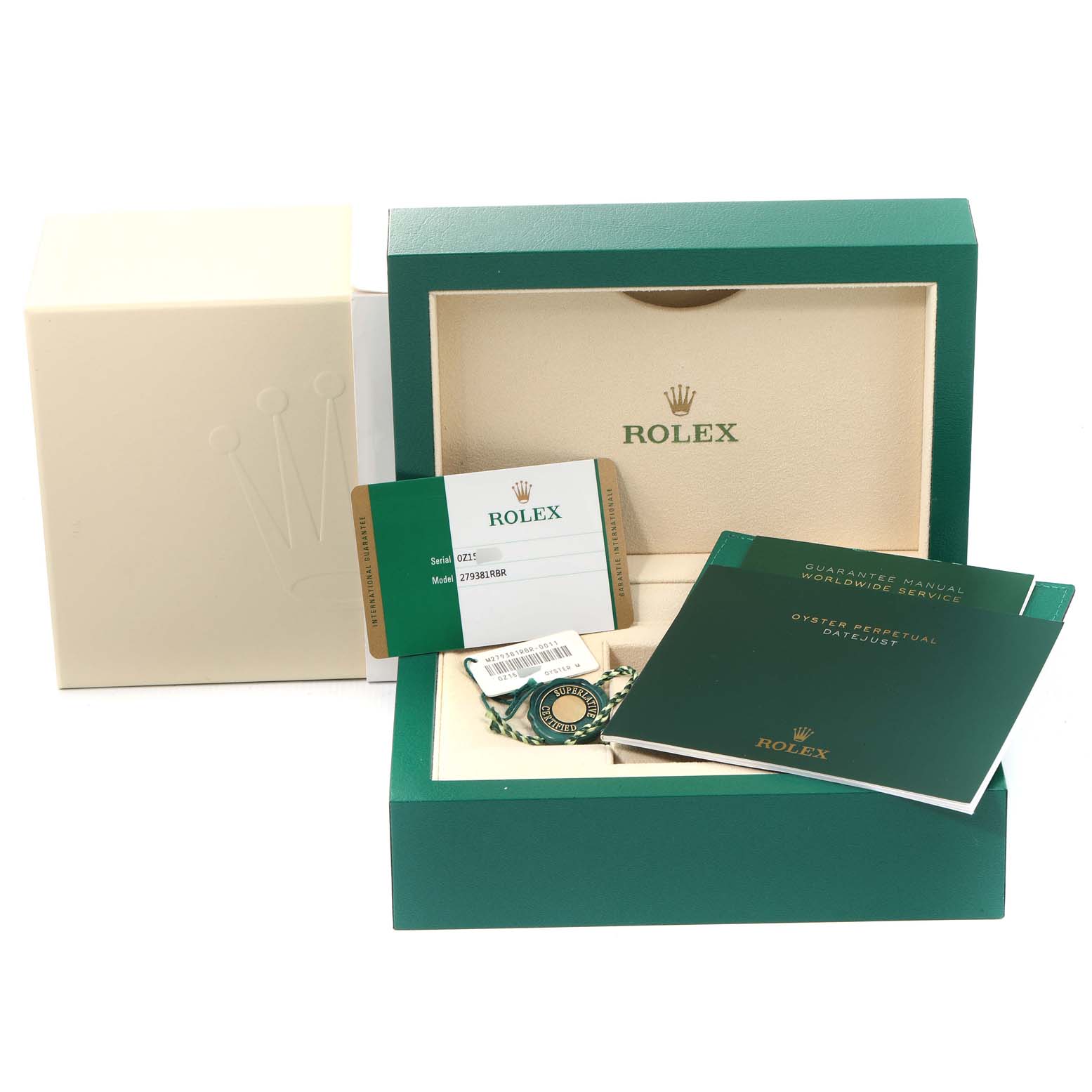 Image showcases accessories for the Rolex Datejust 279381 Women's Steel and Gold (two tone) Brown Dial 279381 Women's Steel and Gold (two tone) Brown Dial model, including its box, warranty card, booklet, and tag.