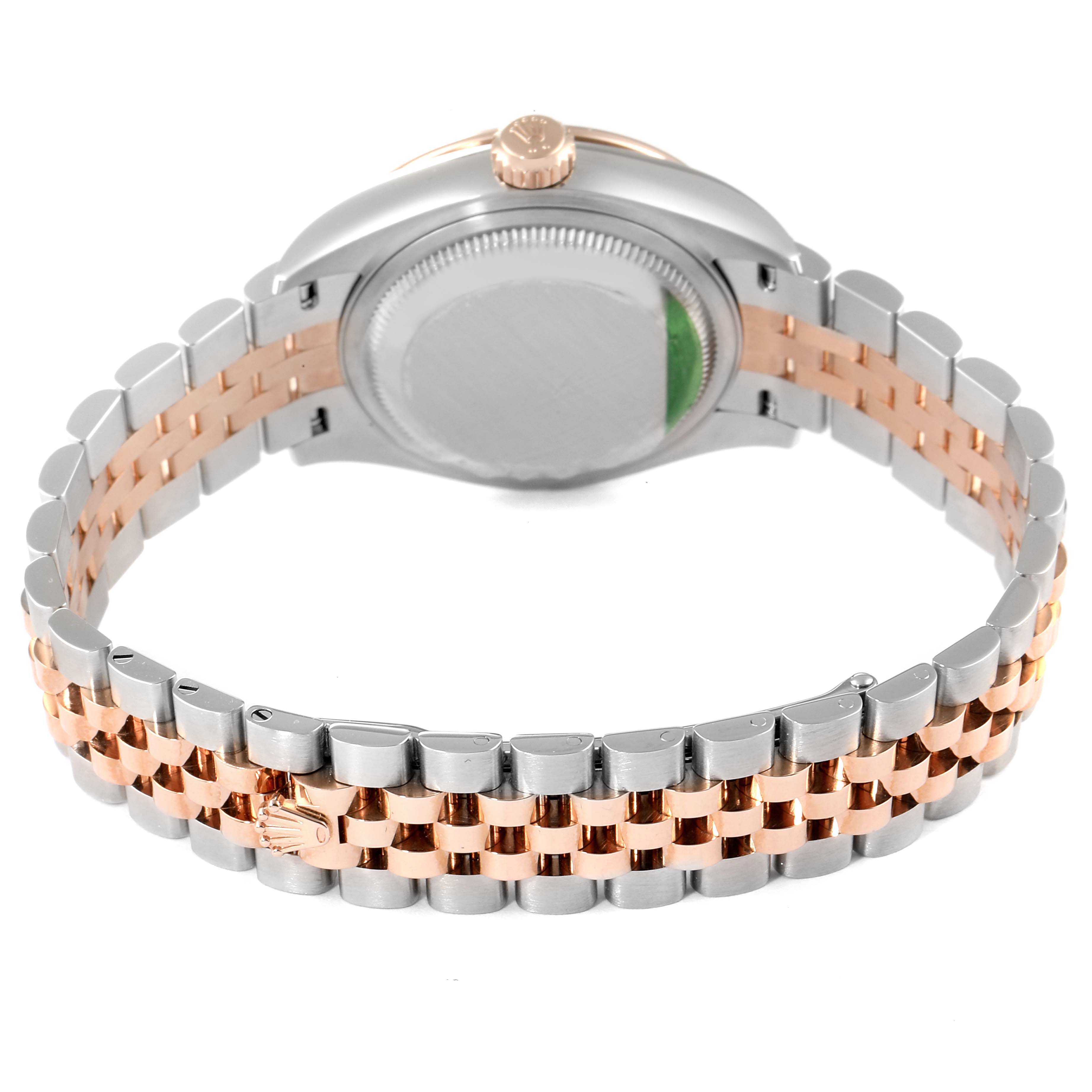 This image shows the back and partially side view of the Rolex Datejust 279381 Women's Steel and Gold (two tone) Brown Dial 279381 Women's Steel and Gold (two tone) Brown Dial watch, focusing on the bracelet and case back.