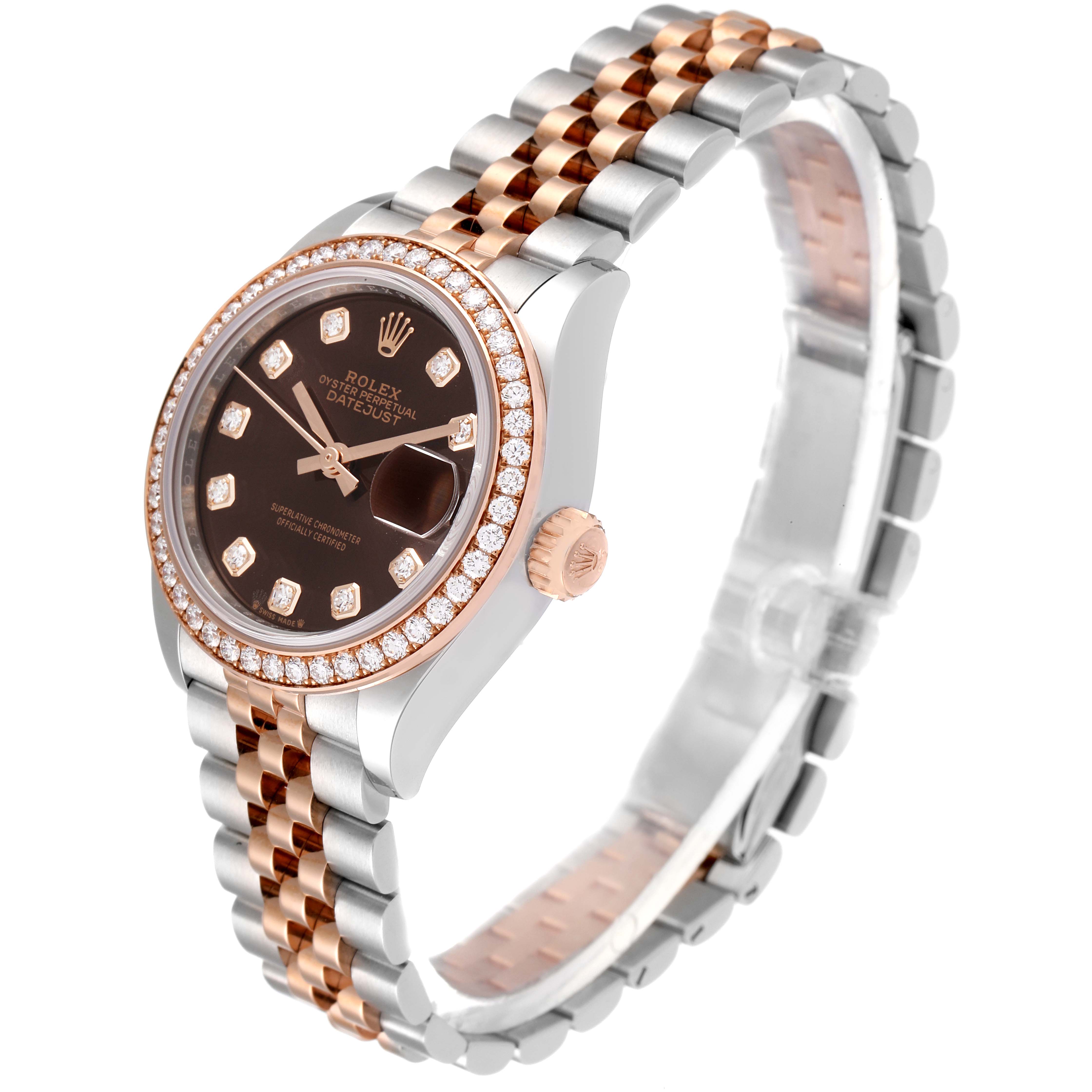 This image shows a side and front angle of the Rolex Datejust 279381 Women's Steel and Gold (two tone) Brown Dial 279381 Women's Steel and Gold (two tone) Brown Dial watch, highlighting its face, bezel, crown, and bracelet.