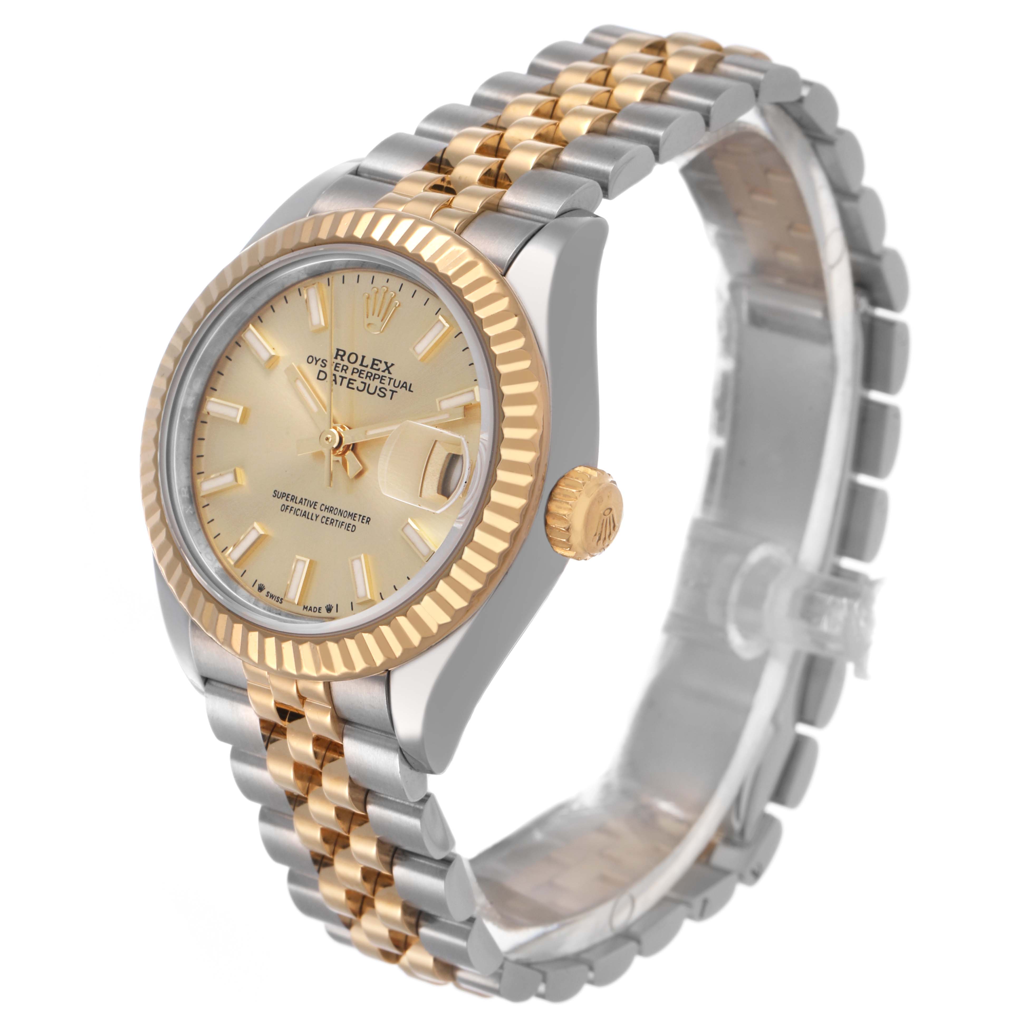 The Rolex Datejust 279173 Women's Steel and Gold (two tone) Champagne Dial watch is shown in a three-quarter angle, highlighting the dial, bezel, and two-tone bracelet.