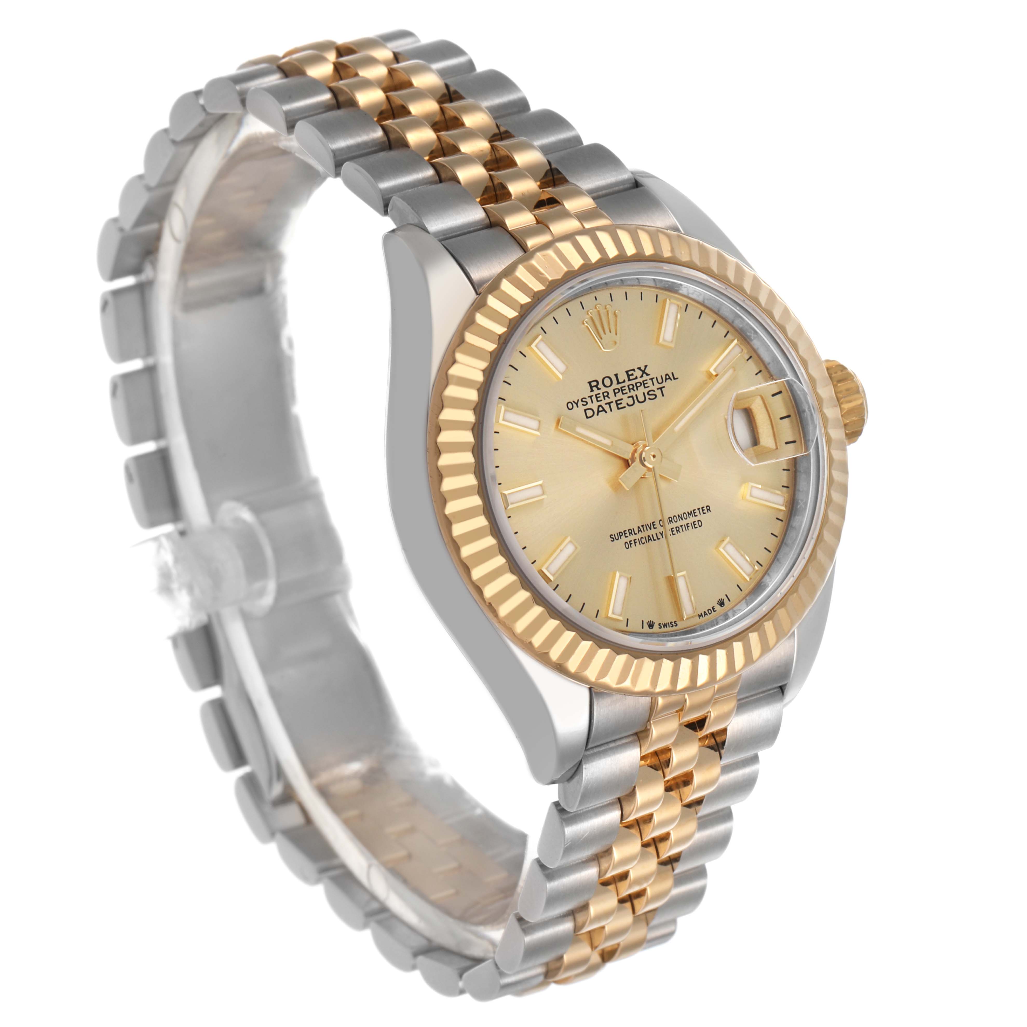 The Rolex Datejust 279173 Women's Steel and Gold (two tone) Champagne Dial watch is shown at a three-quarter angle, highlighting its gold bezel, champagne dial, and two-tone bracelet.