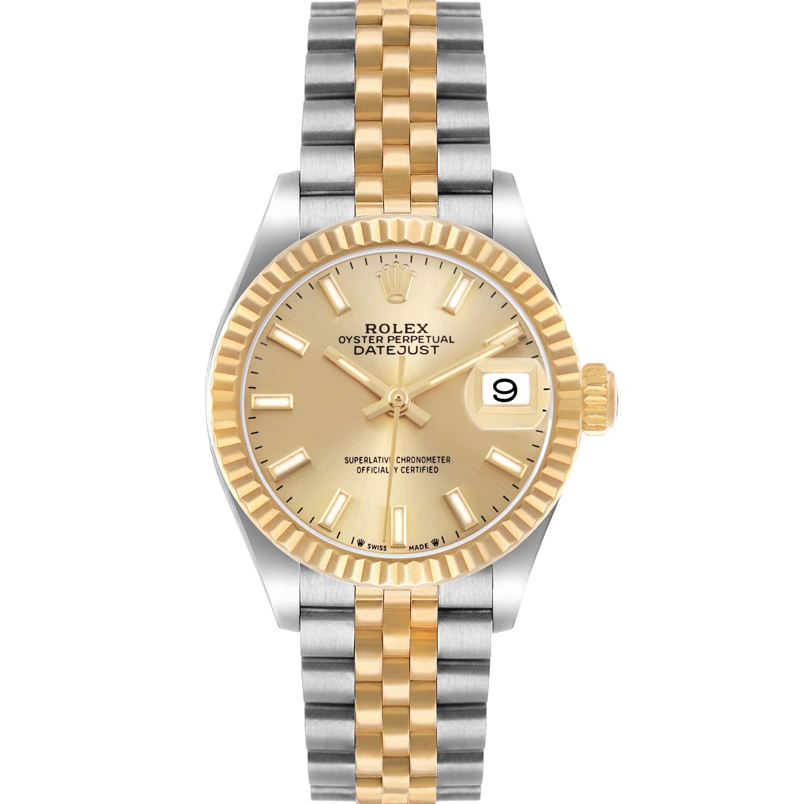 The Rolex Datejust 279173 Women's Steel and Gold (two tone) Champagne Dial watch is shown from a front view, highlighting the dial, fluted bezel, and two-tone Jubilee bracelet.