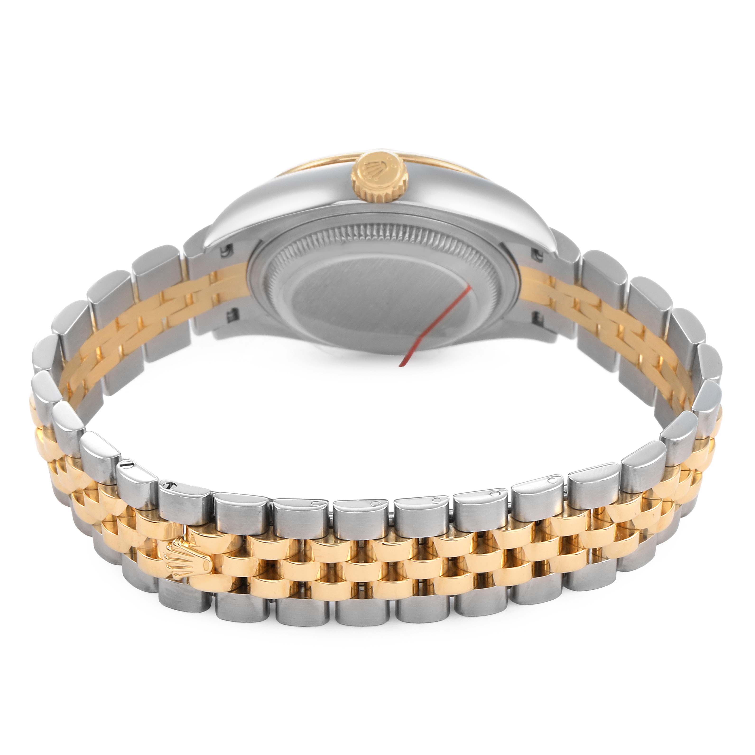 The image shows the back view of a Rolex Datejust 279173 Women's Steel and Gold (two tone) Champagne Dial, highlighting the crown, case back, and two-tone bracelet.