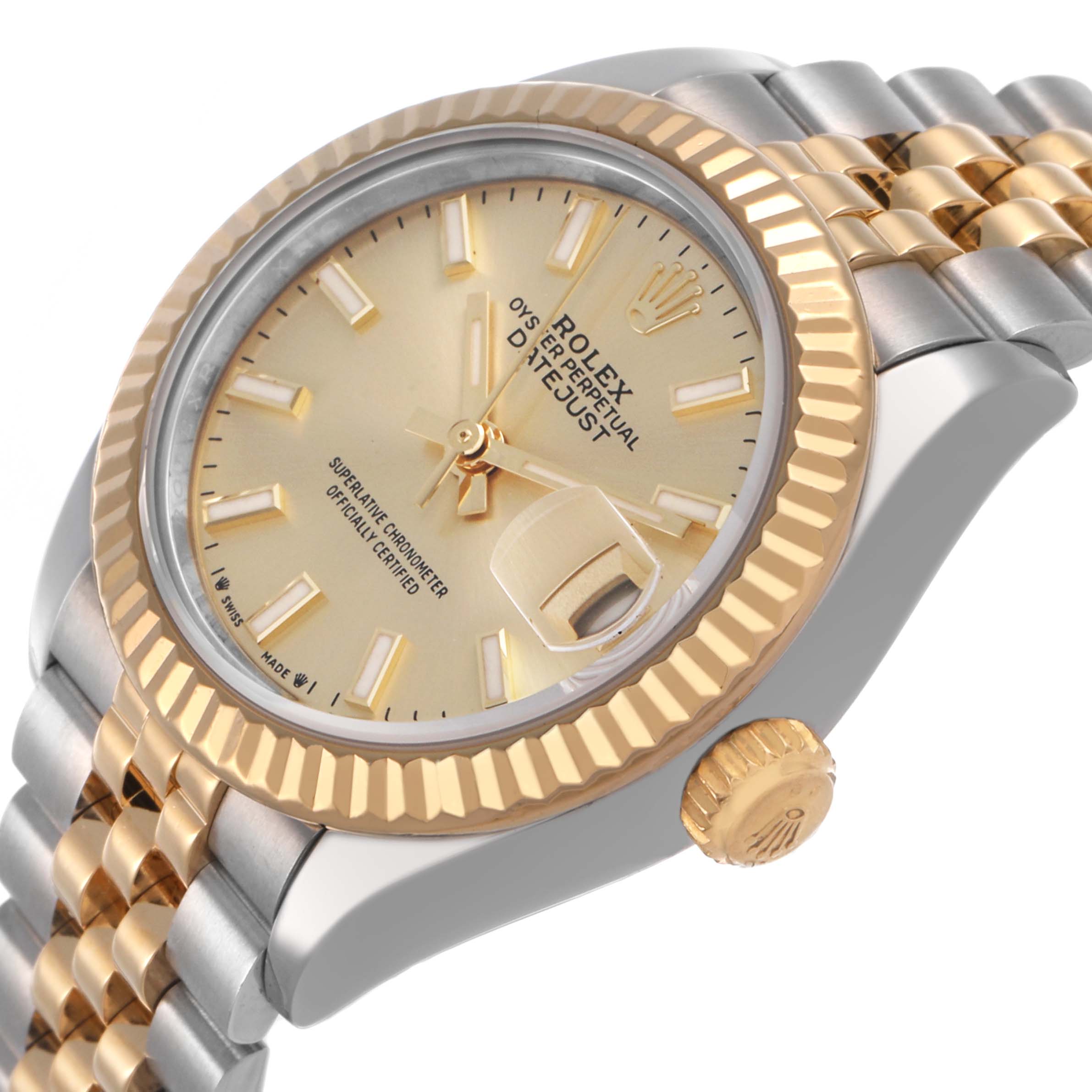 The Rolex Datejust 279173 Women's Steel and Gold (two tone) Champagne Dial watch is shown at a side angle, highlighting the bezel, dial, crown, and bracelet.