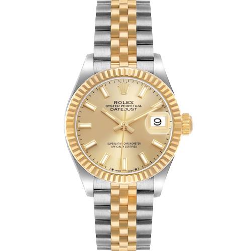 The Rolex Datejust 279173 Women's Steel and Gold (two tone) Champagne Dial watch is shown from the front, highlighting its face, bezel, and jubilee bracelet.