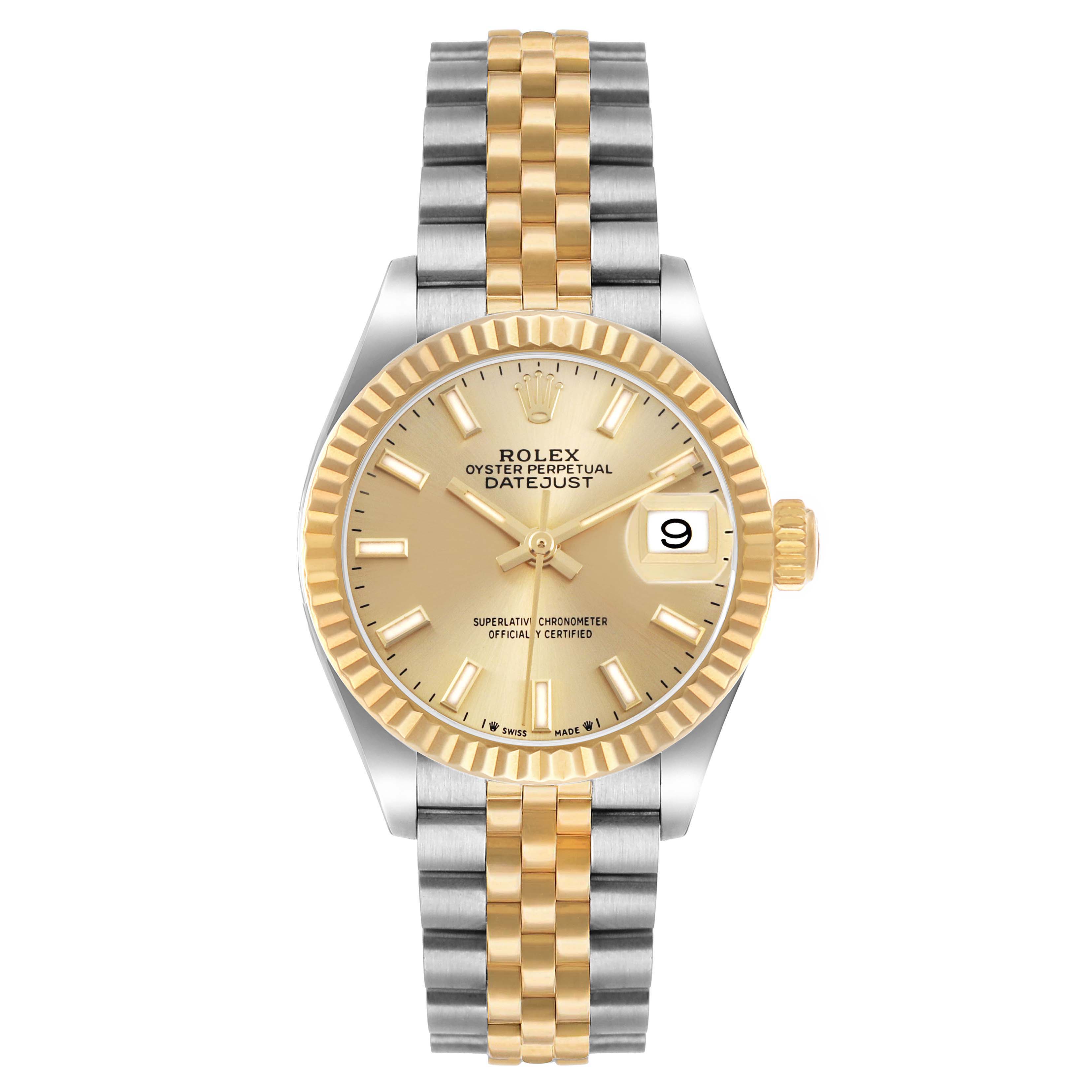 The Rolex Datejust 279173 Women's Steel and Gold (two tone) Champagne Dial watch is shown from the front, displaying the face, bezel, and two-tone bracelet.