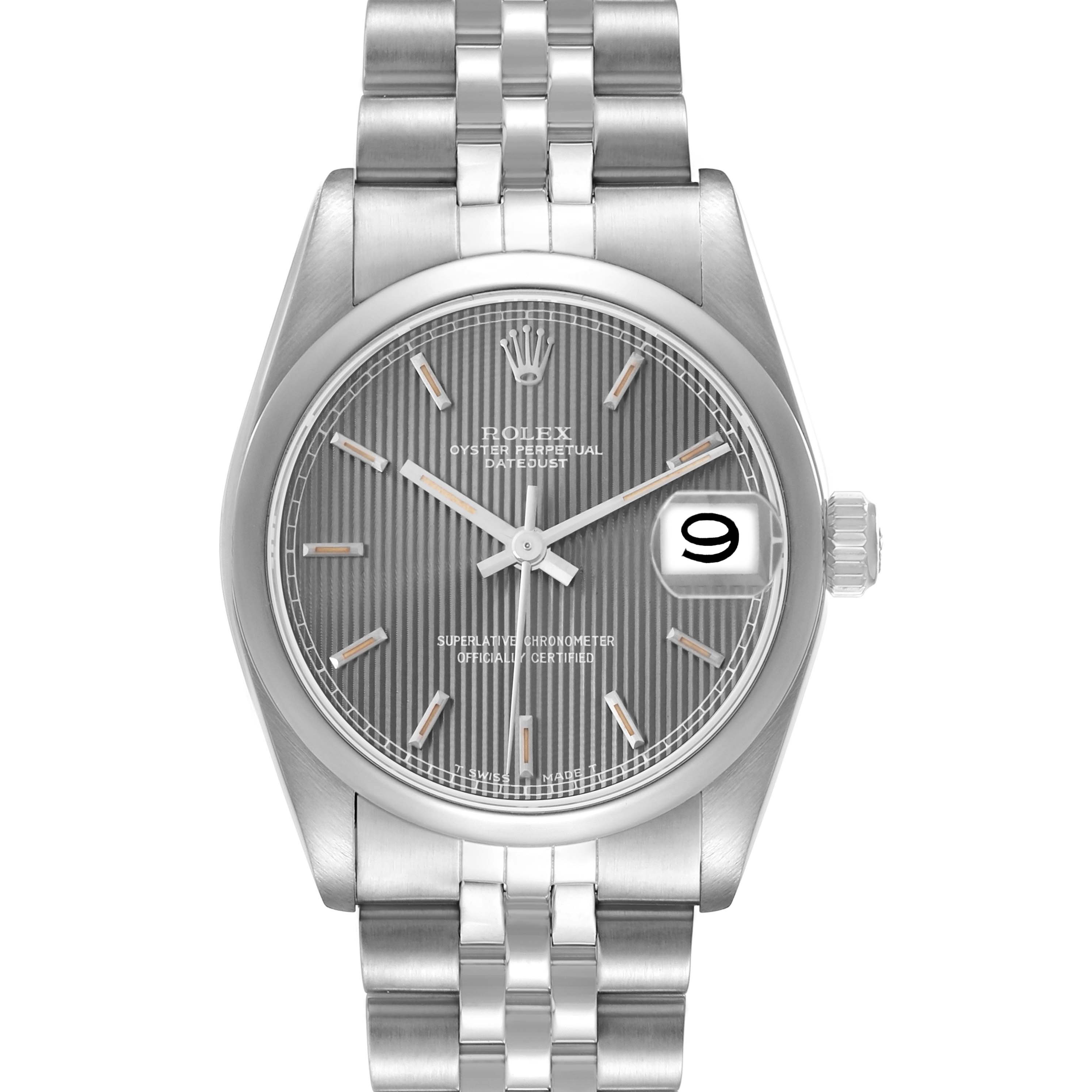 The Rolex Datejust 68240 Women
s Stainless Steel Silver Dial watch is shown from a front view, highlighting the dial, bezel, hands, bracelet, and date window.