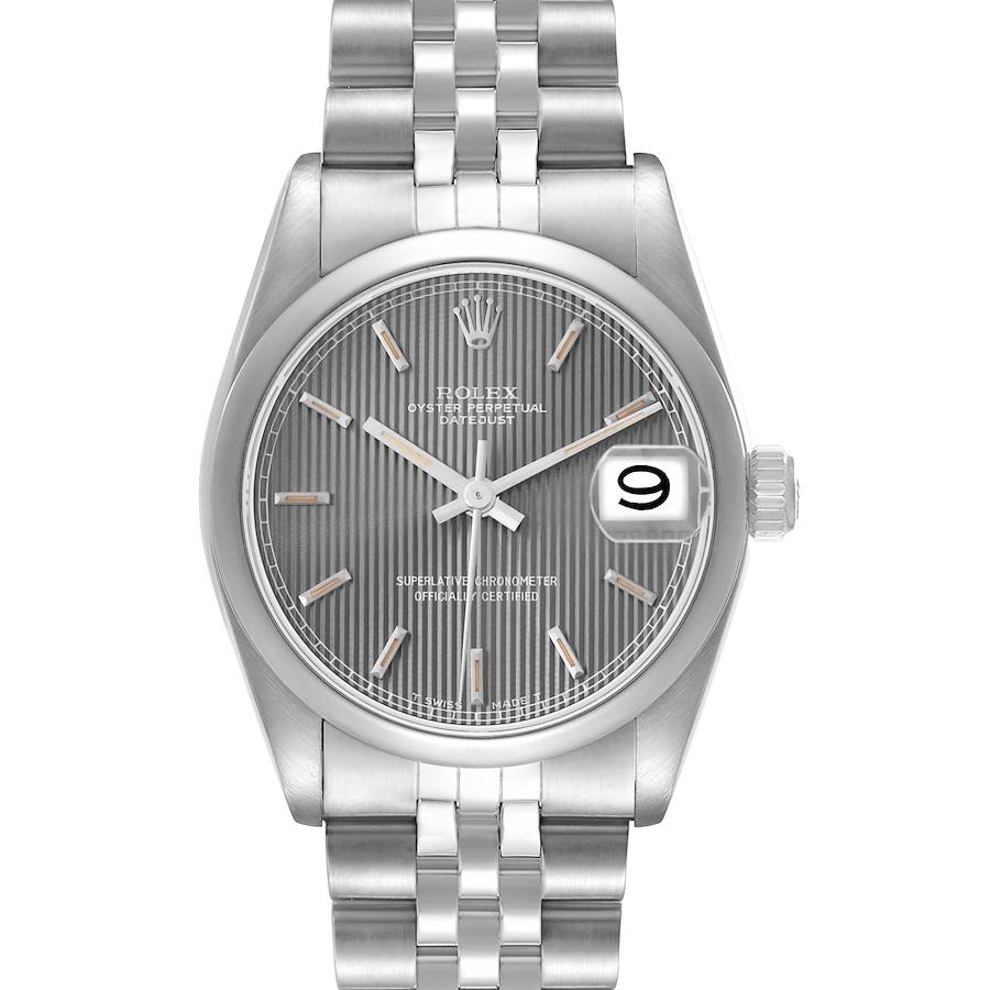 The image shows a front view of the Rolex Datejust model 68240, highlighting its dial, bracelet, and date window.