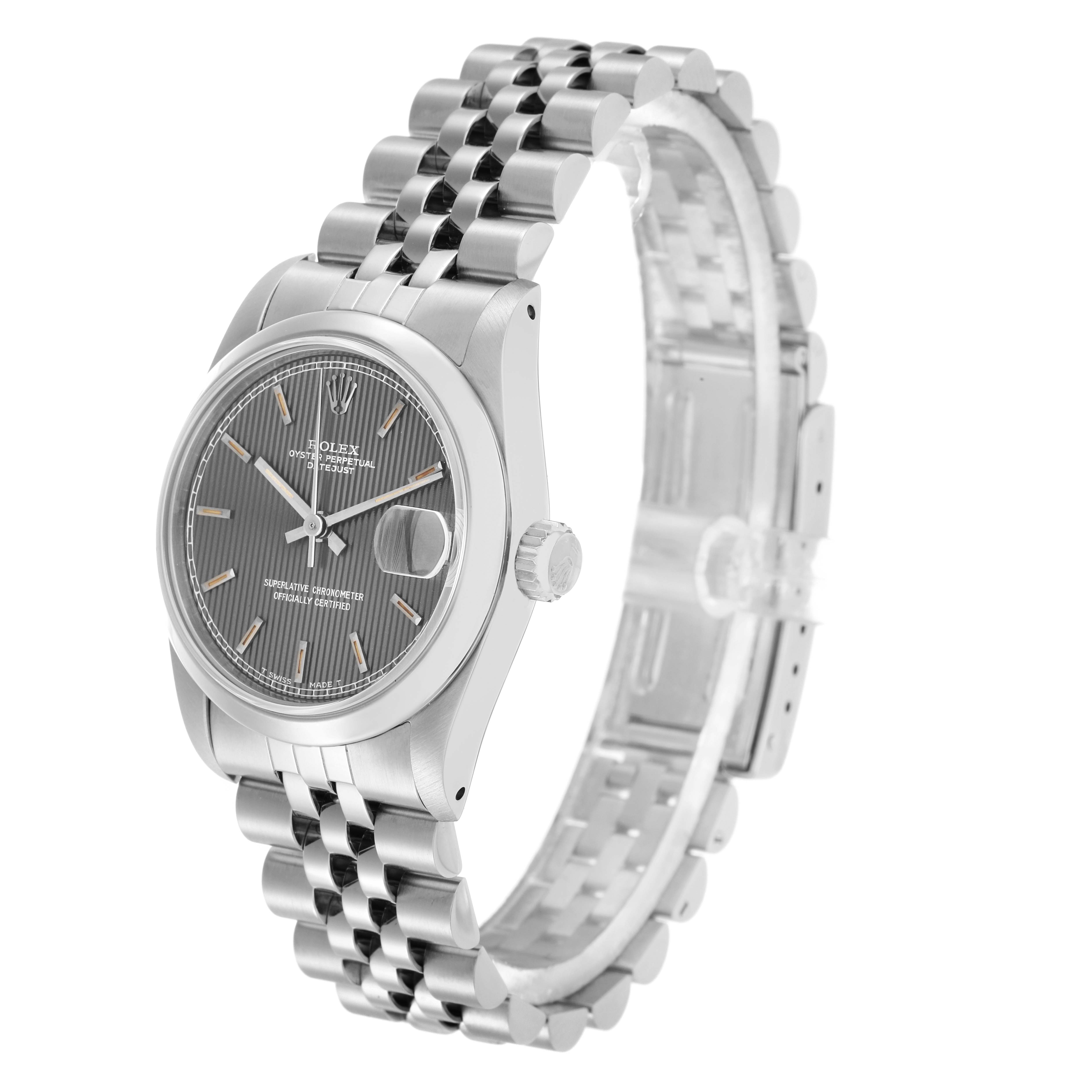 The Rolex Datejust 68240 Women
s Stainless Steel Silver Dial watch is shown at a side angle, highlighting the dial, bezel, crown, and Jubilee bracelet.