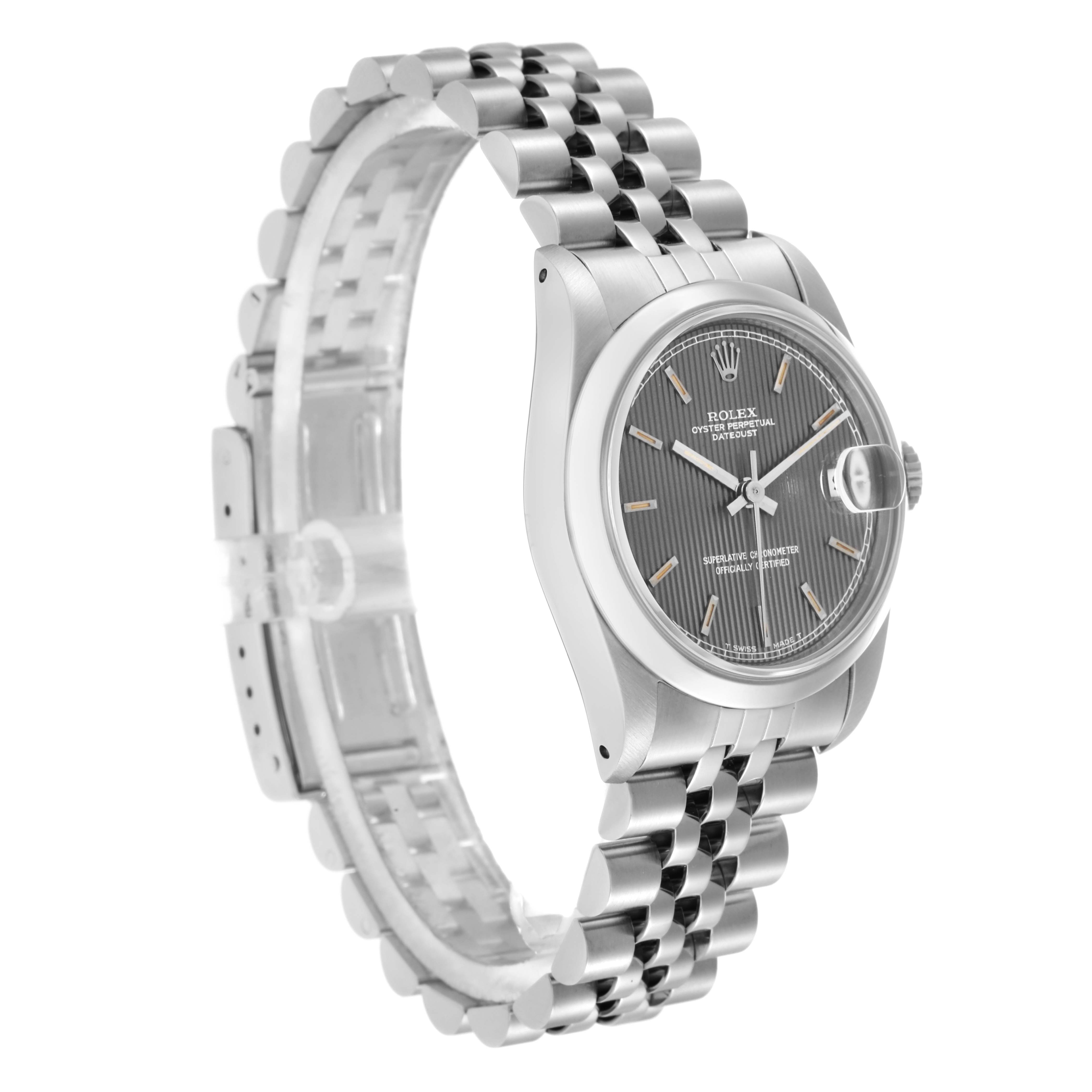 The Rolex Datejust 68240 Women
s Stainless Steel Silver Dial watch is shown at a three-quarter angle, highlighting the dial, bezel, and Jubilee bracelet.