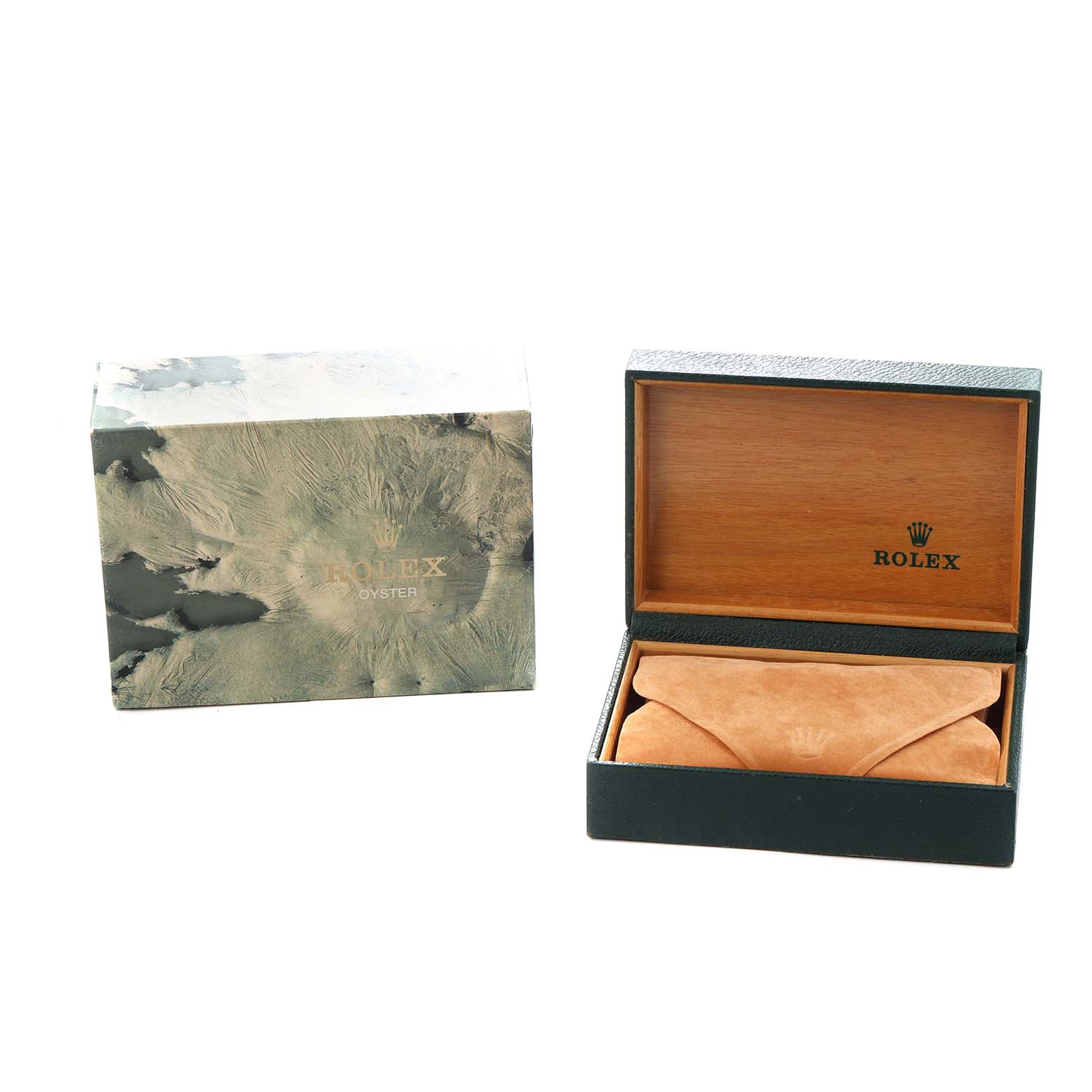 The image shows a Rolex Datejust 68240 Women
s Stainless Steel Silver Dial watch box open with the inner pouch visible, and the outer box beside it.