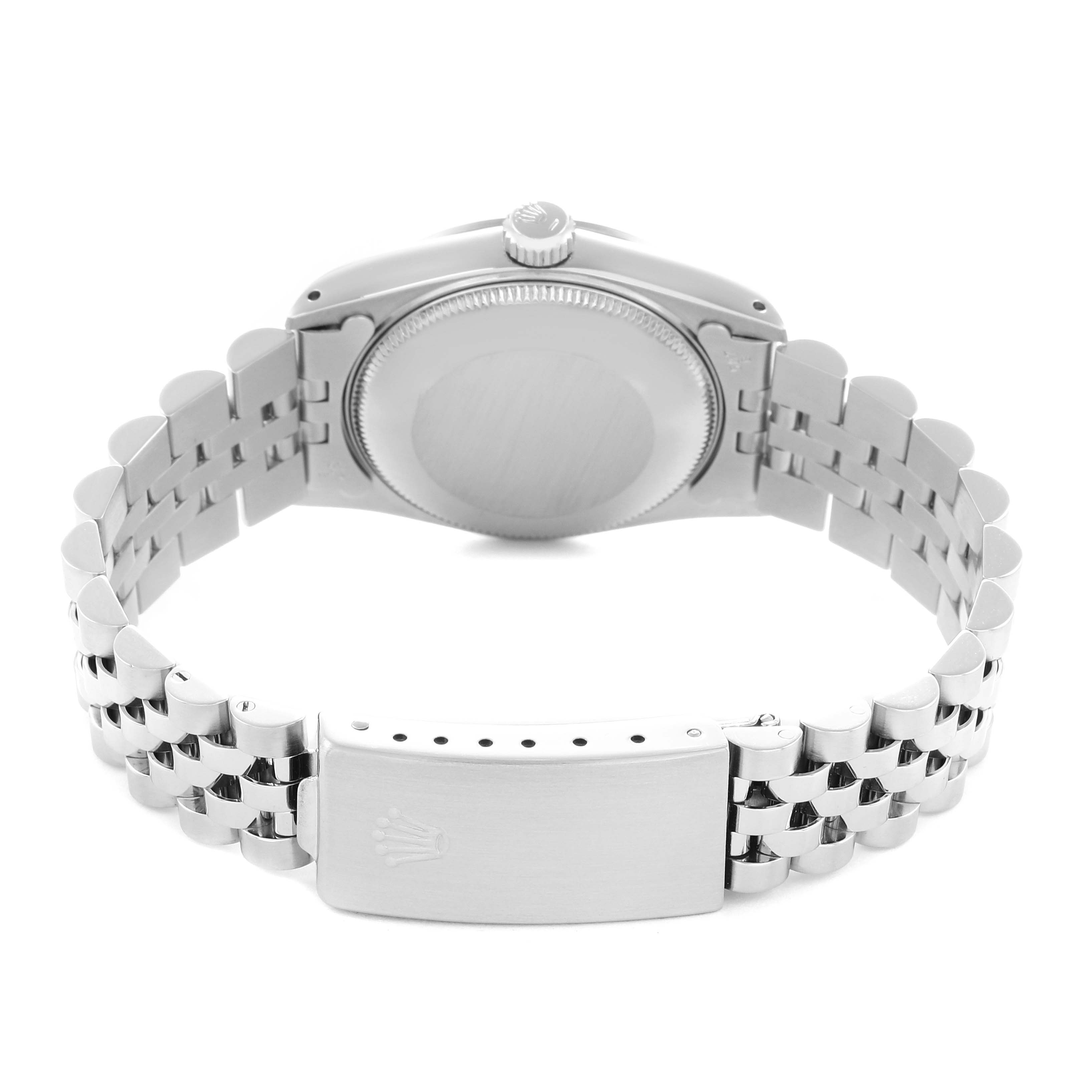 The image shows the back and bracelet of a Rolex Datejust 68240 Women
s Stainless Steel Silver Dial watch, highlighting the clasp and case back.