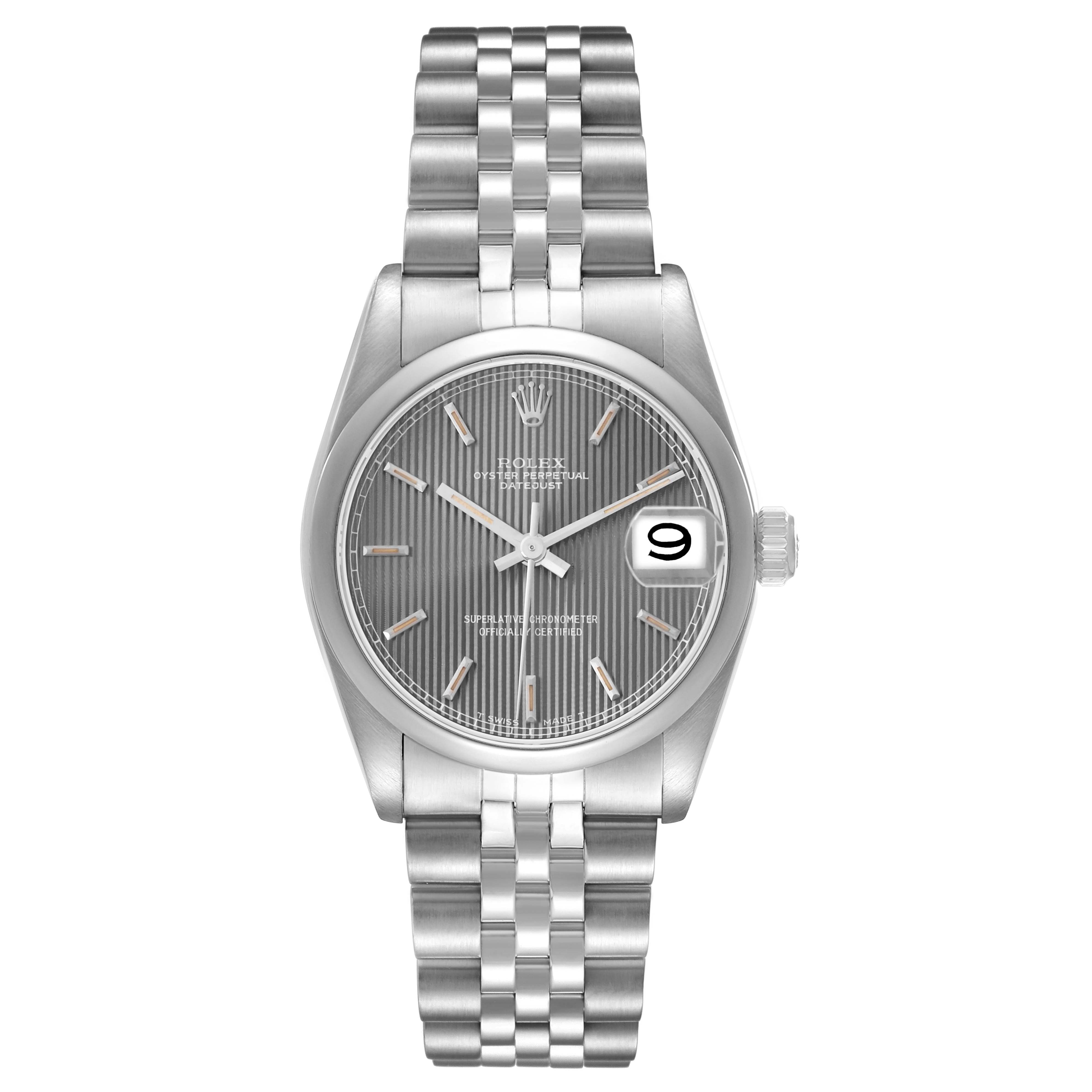 The Rolex Datejust 68240 Women
s Stainless Steel Silver Dial watch is shown from a front angle, displaying its face, silver bracelet, and date magnifier.