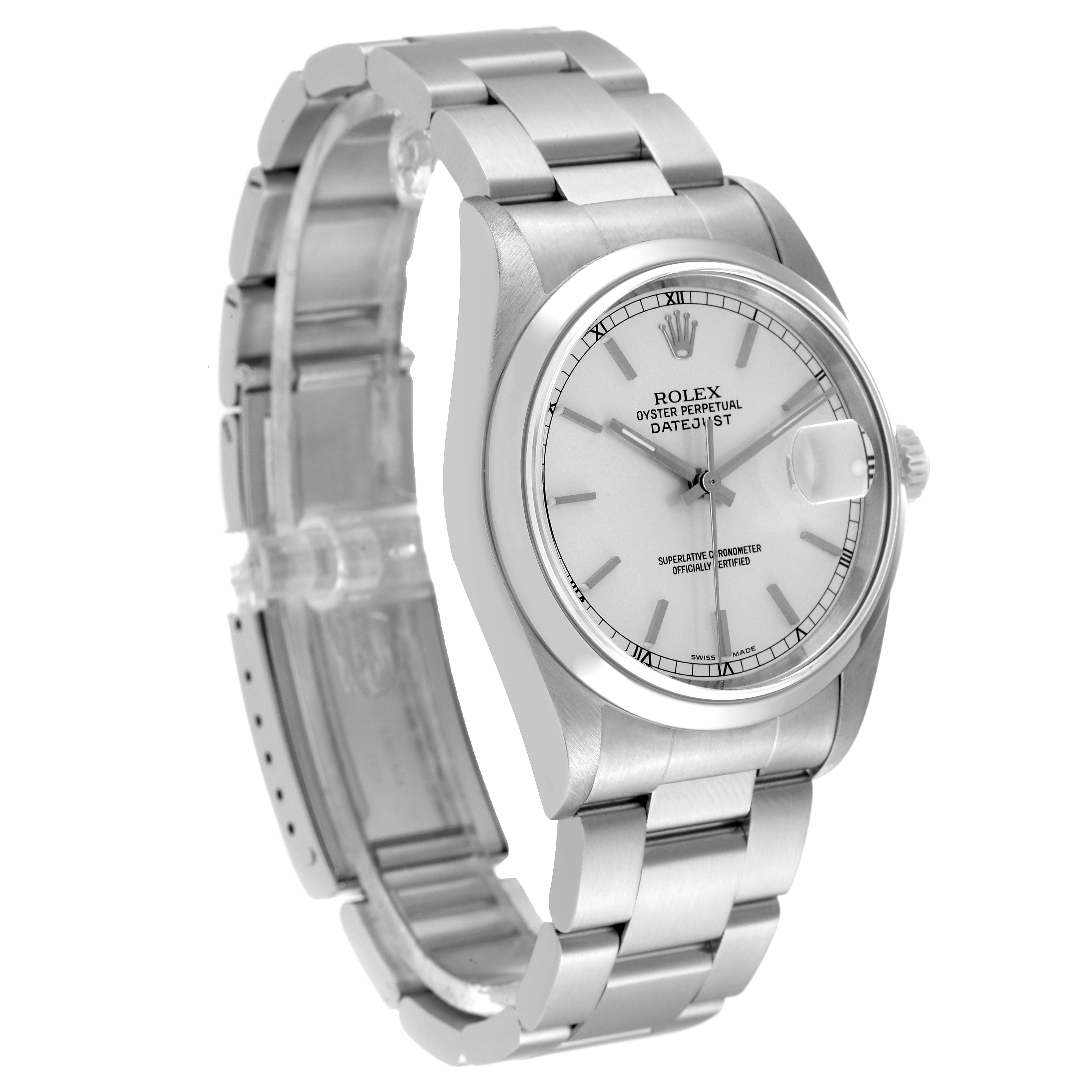 The image shows a side angle of a Rolex Datejust 16200 Men's Stainless Steel Silver Dial 16200 Men's Stainless Steel Silver Dial watch with its bracelet, face, and crown clearly visible.