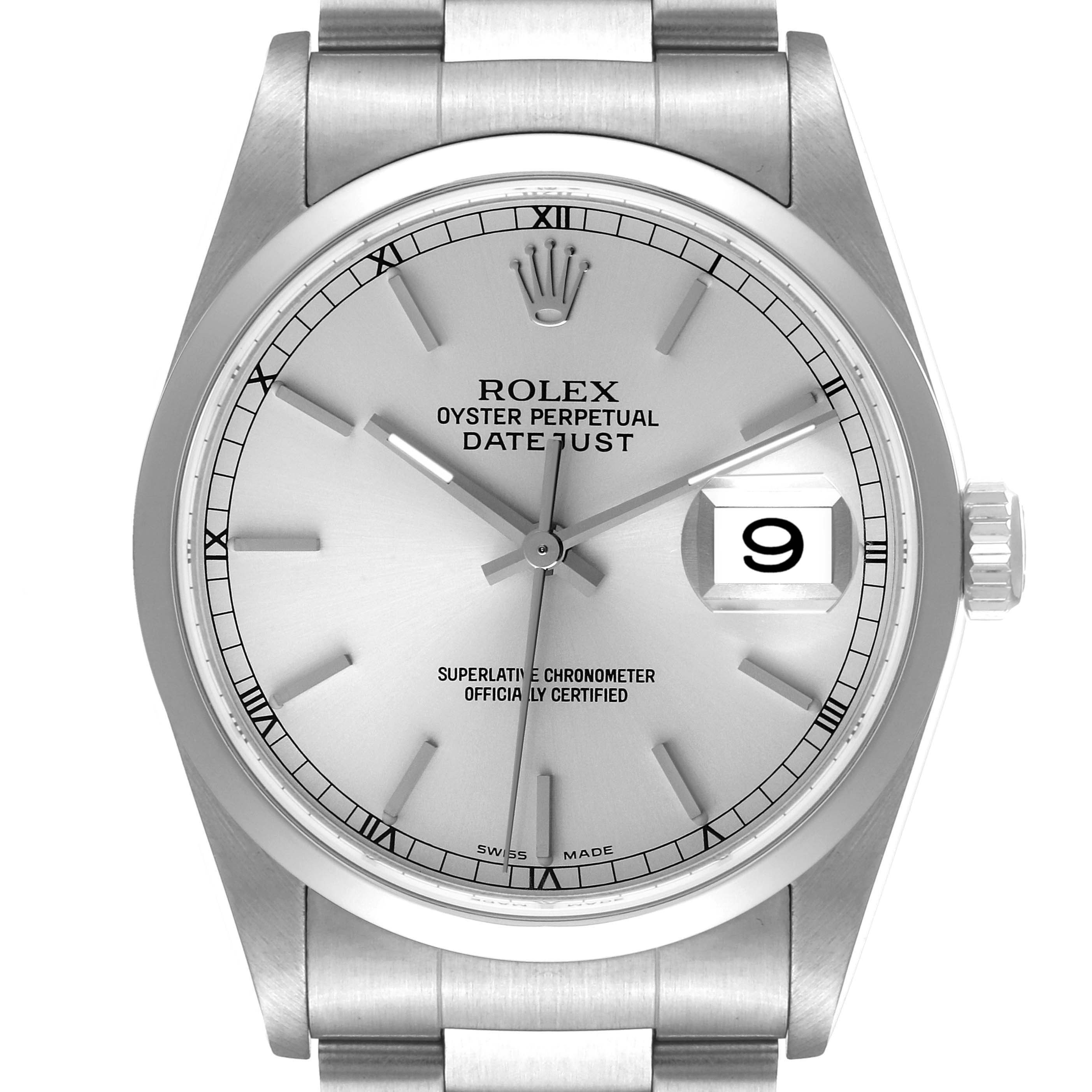 The Rolex Datejust 16200 Men's Stainless Steel Silver Dial 16200 Men's Stainless Steel Silver Dial watch is shown from the front, displaying the dial, hands, date window, and part of the bracelet.