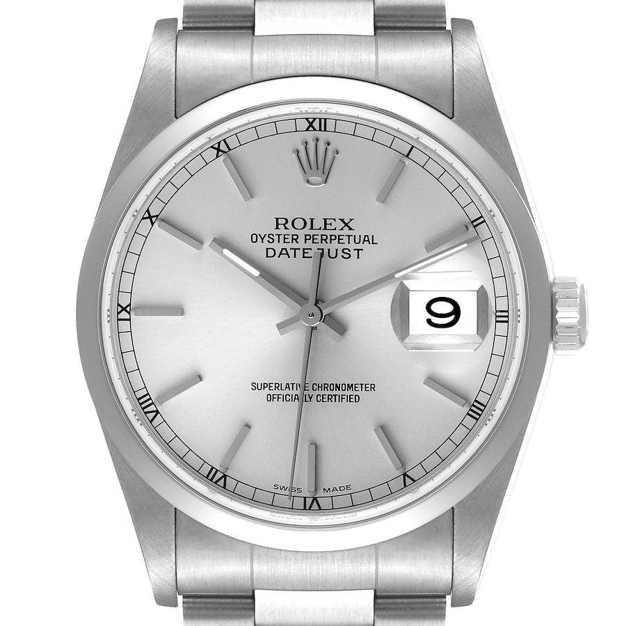 The Rolex Datejust watch is shown from the front, displaying the dial, hands, date window, and part of the bracelet.