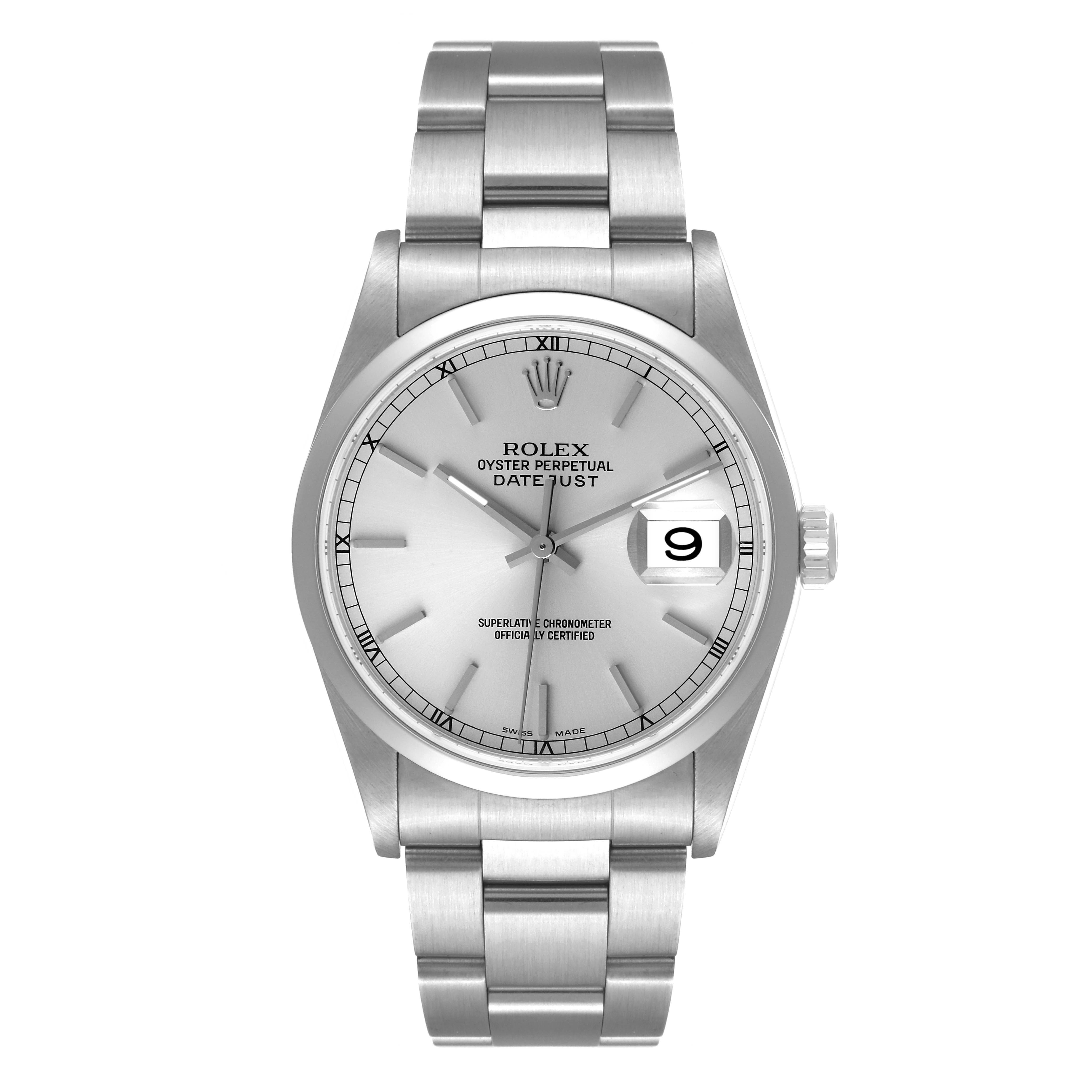The image shows a front view of a Rolex Datejust 16200 Men's Stainless Steel Silver Dial 16200 Men's Stainless Steel Silver Dial watch, featuring its silver dial, date window, and stainless steel bracelet.