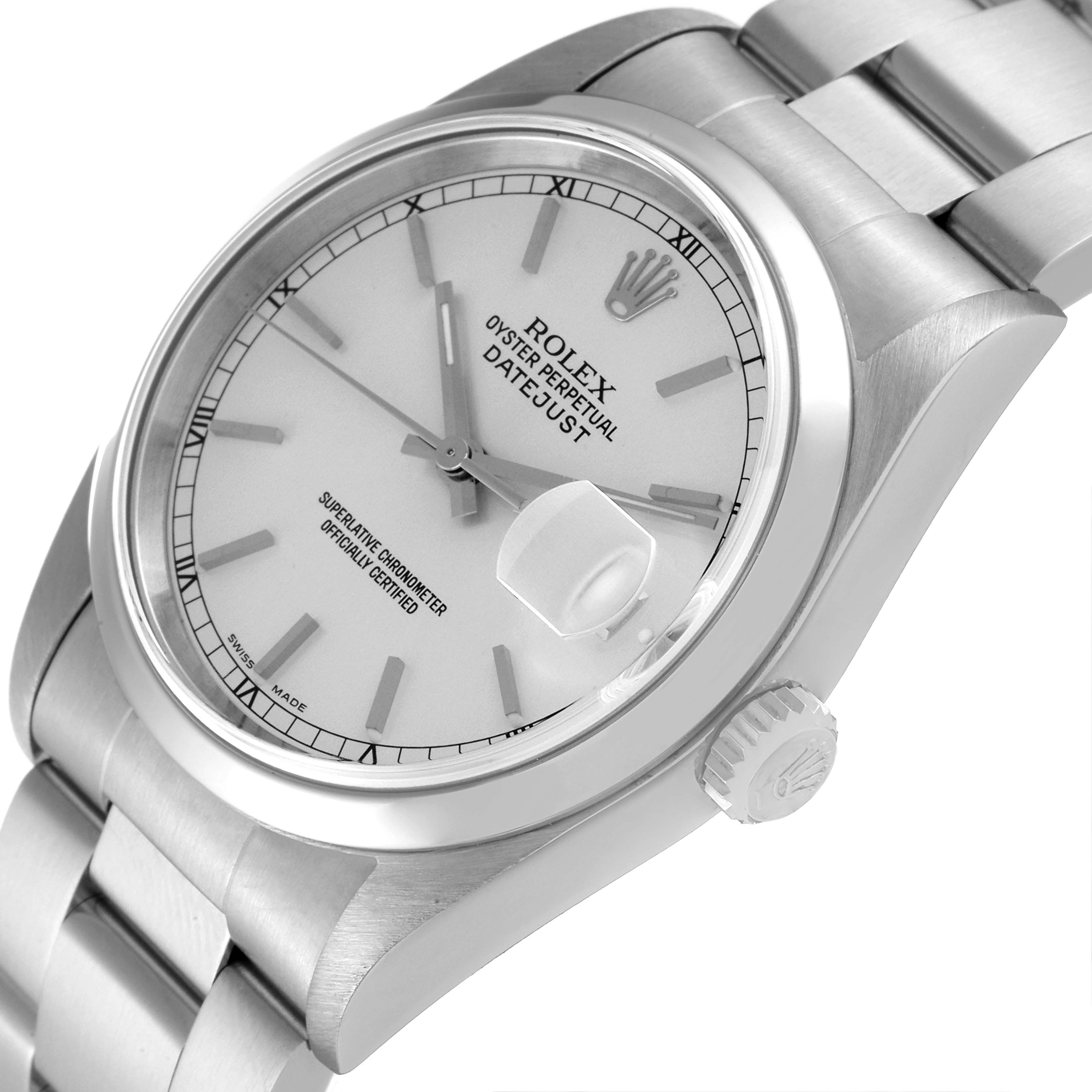 The image shows a Rolex Datejust 16200 Men's Stainless Steel Silver Dial 16200 Men's Stainless Steel Silver Dial watch at an oblique angle, highlighting the dial, crown, and part of the bracelet.