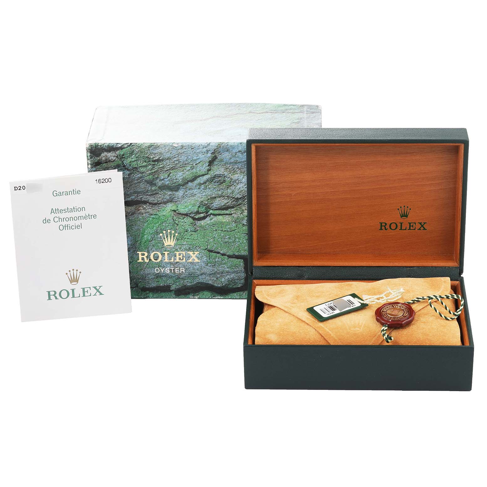 The image shows a Rolex Datejust 16200 Men's Stainless Steel Silver Dial 16200 Men's Stainless Steel Silver Dial watch box, a warranty card, and the watch wrapped in a suede pouch.