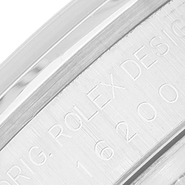 This image shows a close-up of the engraved model number on the case side of a Rolex Datejust 16200 Men's Stainless Steel Silver Dial 16200 Men's Stainless Steel Silver Dial watch.