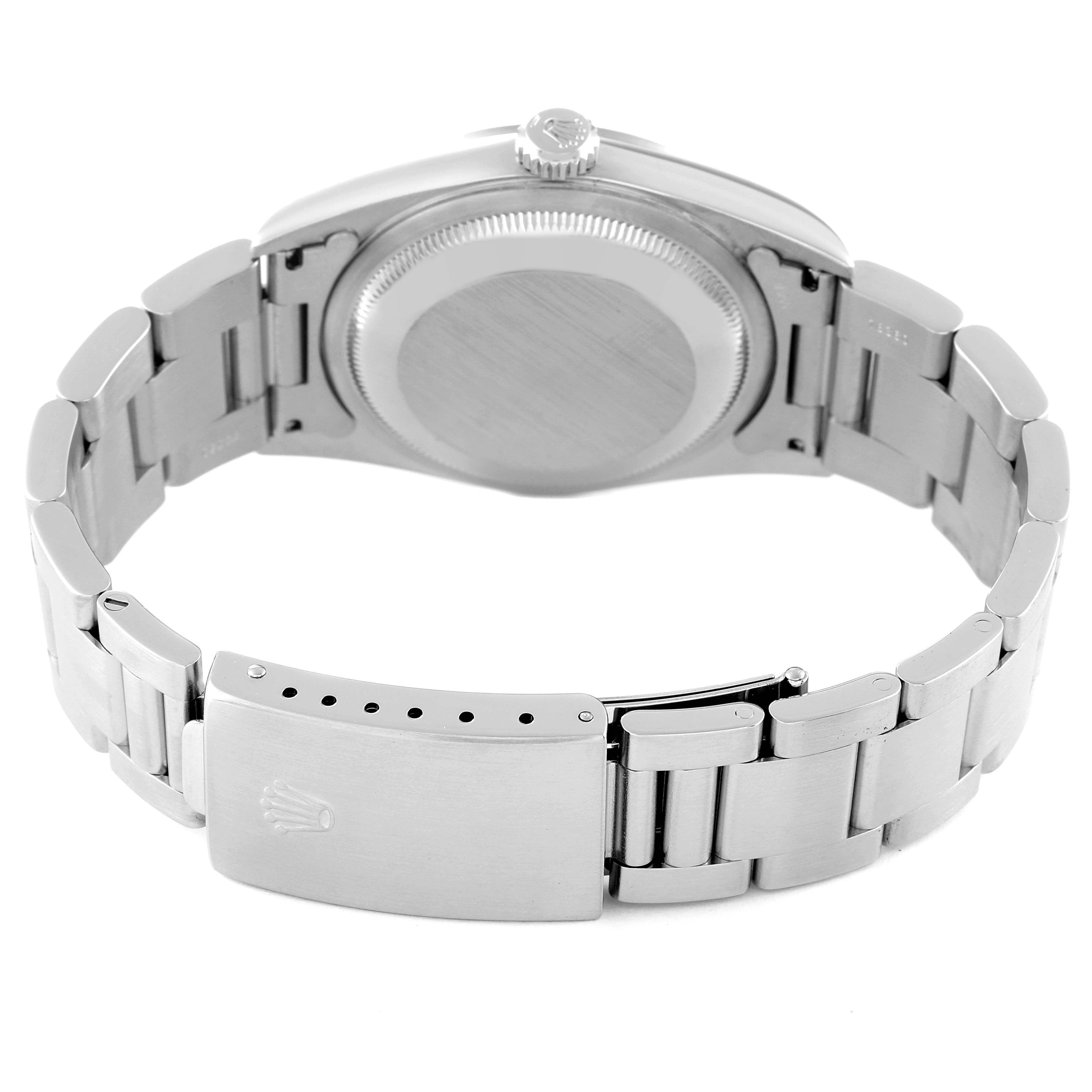 The image shows the back and clasp of a Rolex Datejust 16200 Men's Stainless Steel Silver Dial 16200 Men's Stainless Steel Silver Dial watch with a closed stainless steel bracelet.