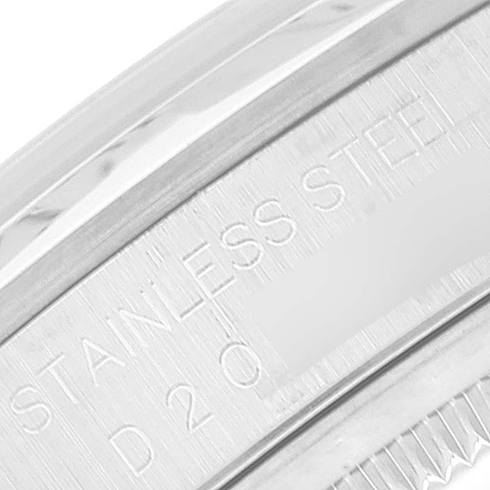 The image shows a close-up of the stainless steel engraving on the casing of a Rolex Datejust 16200 Men's Stainless Steel Silver Dial 16200 Men's Stainless Steel Silver Dial watch.