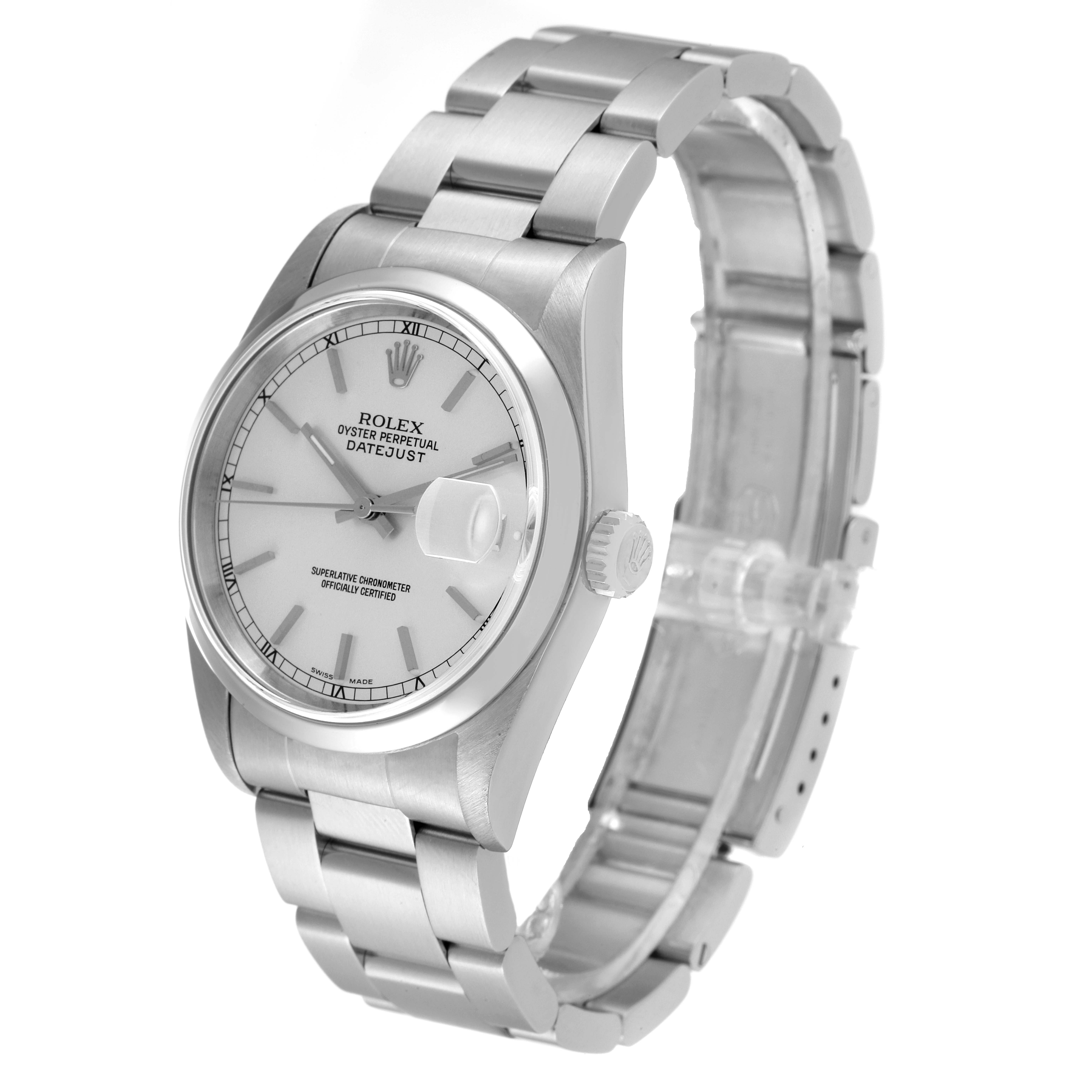 The image shows the Rolex Datejust 16200 Men's Stainless Steel Silver Dial 16200 Men's Stainless Steel Silver Dial watch at a three-quarter angle, highlighting the dial, bracelet, and crown.