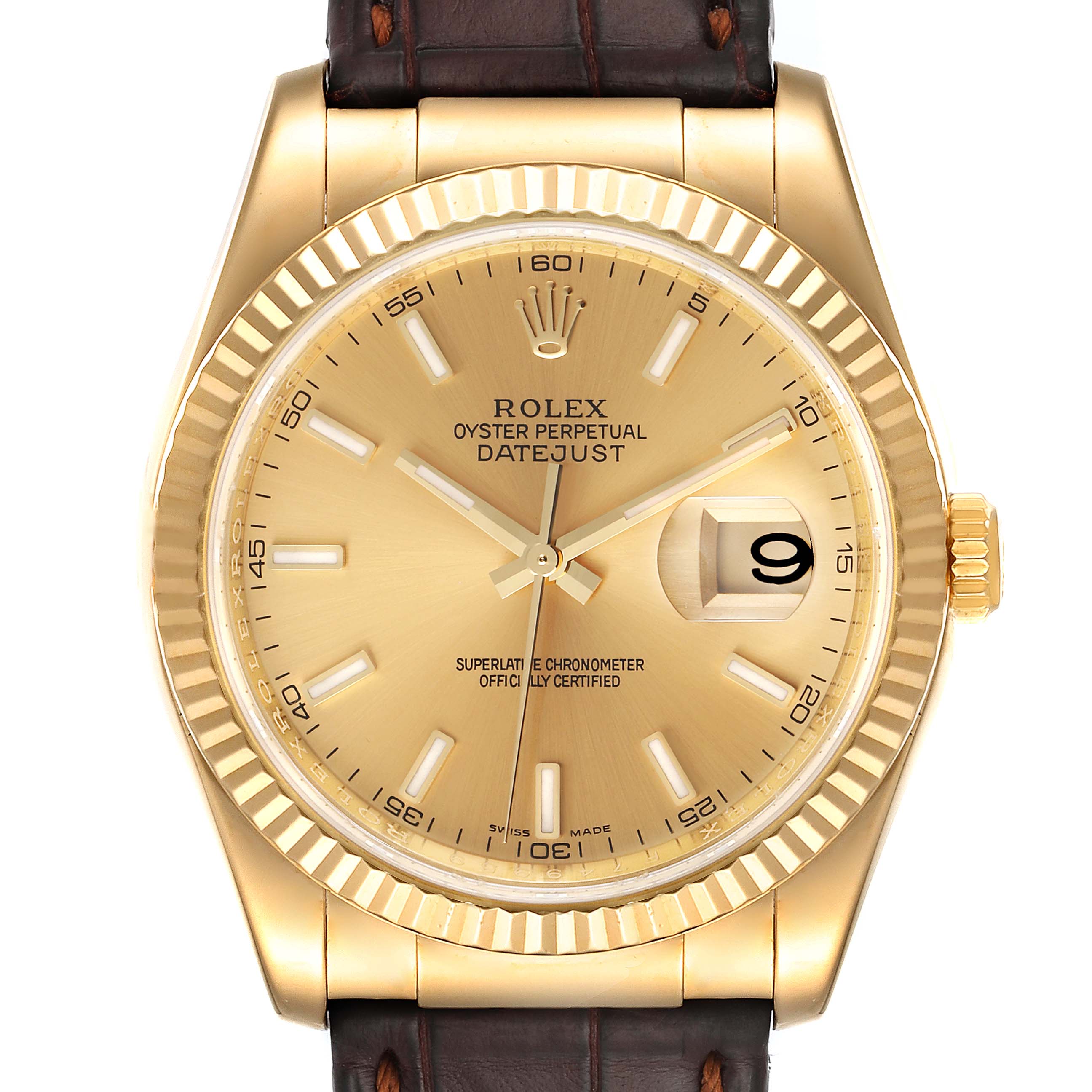 The image shows a close-up of a Rolex Datejust 116138 Men's Yellow Gold Champagne Dial 116138 Men's Yellow Gold Champagne Dial watch face, highlighting its gold dial, date window, and fluted bezel.