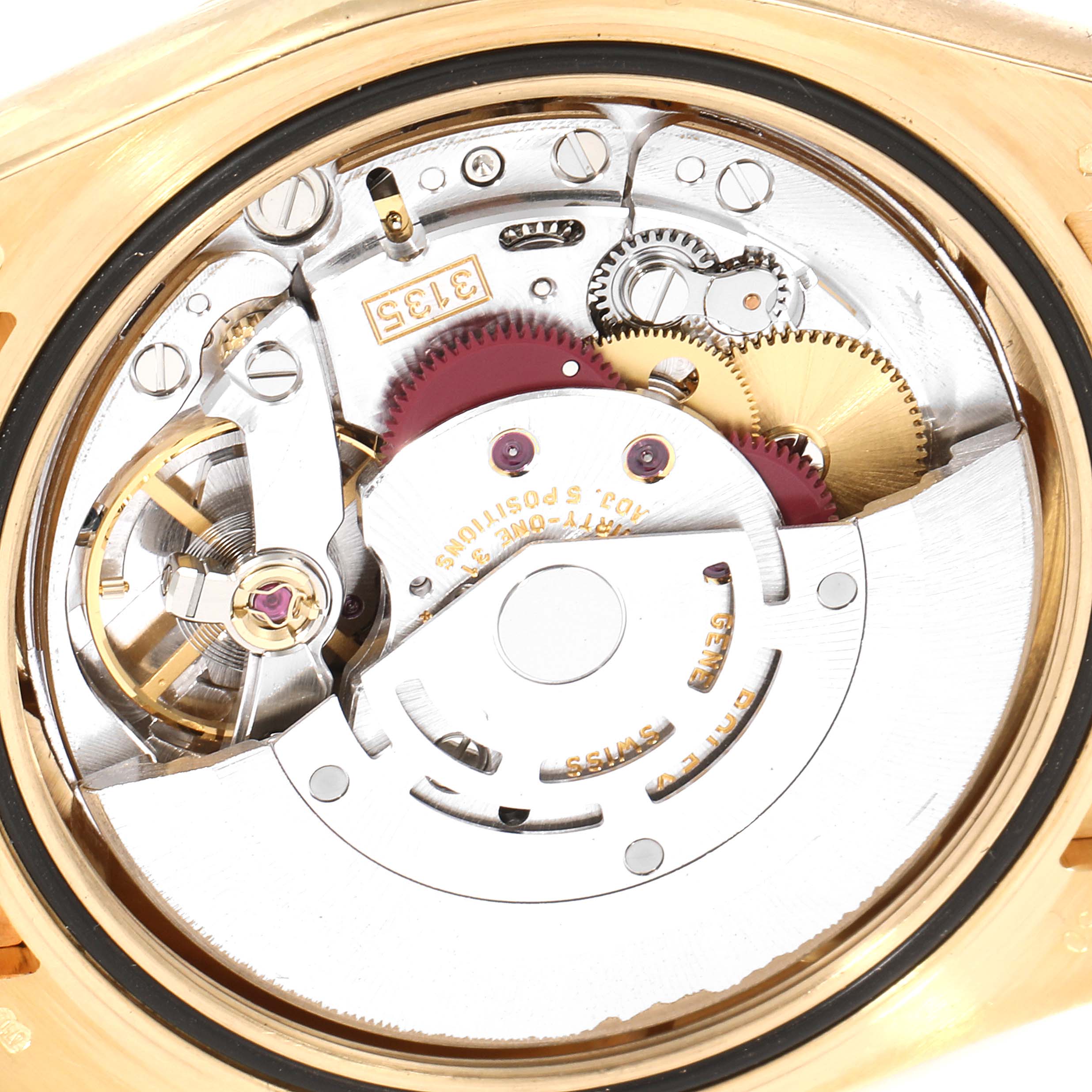 This close-up image shows the intricate inner mechanical movement of a Rolex Datejust 116138 Men's Yellow Gold Champagne Dial 116138 Men's Yellow Gold Champagne Dial watch.