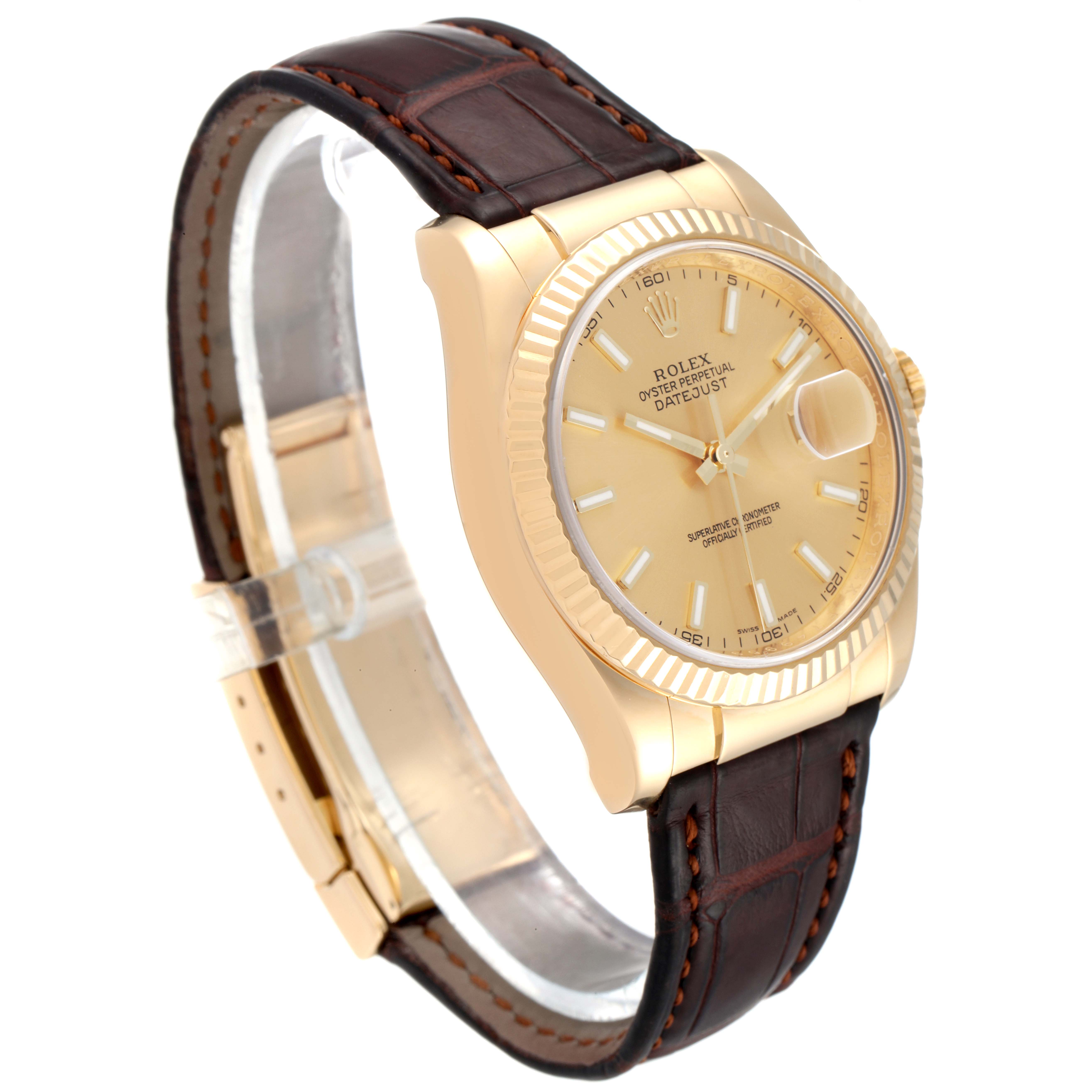 The Rolex Datejust 116138 Men's Yellow Gold Champagne Dial 116138 Men's Yellow Gold Champagne Dial watch is shown at a three-quarter angle, displaying its face, bezel, crown, and leather strap.